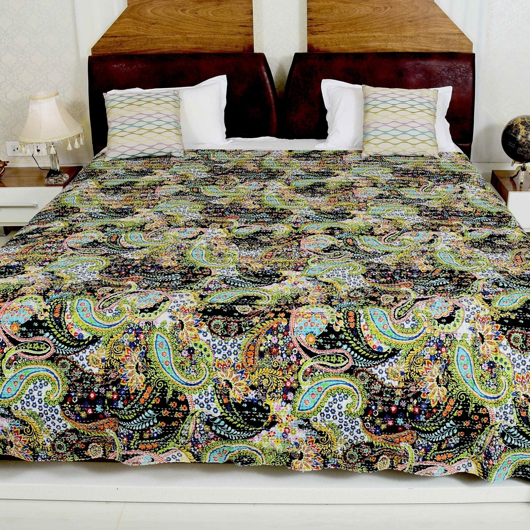 Indian Kantha Quilt - Black Swan, Elegant Style