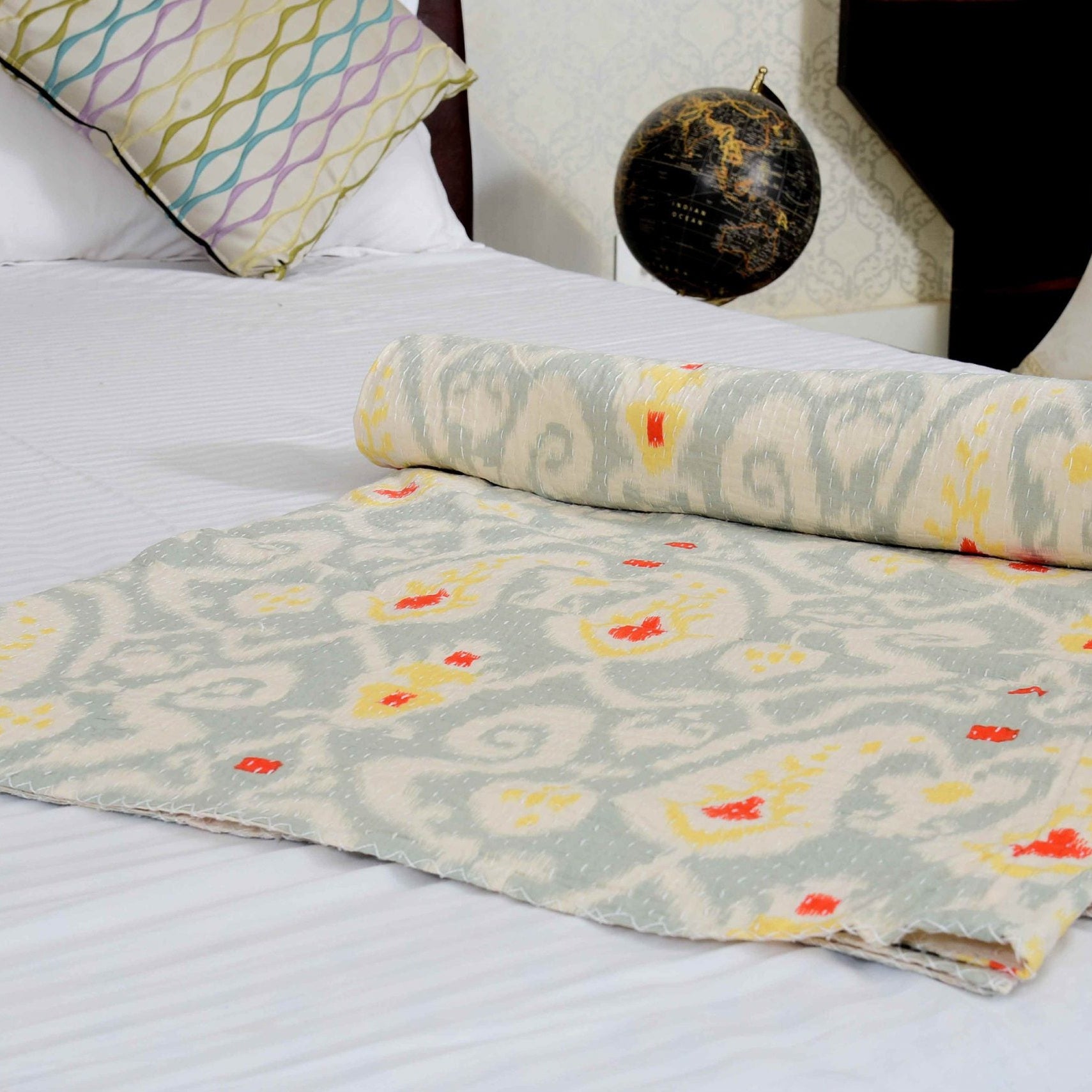 Pale Grey Boho Kantha Quilt - Soft Tones