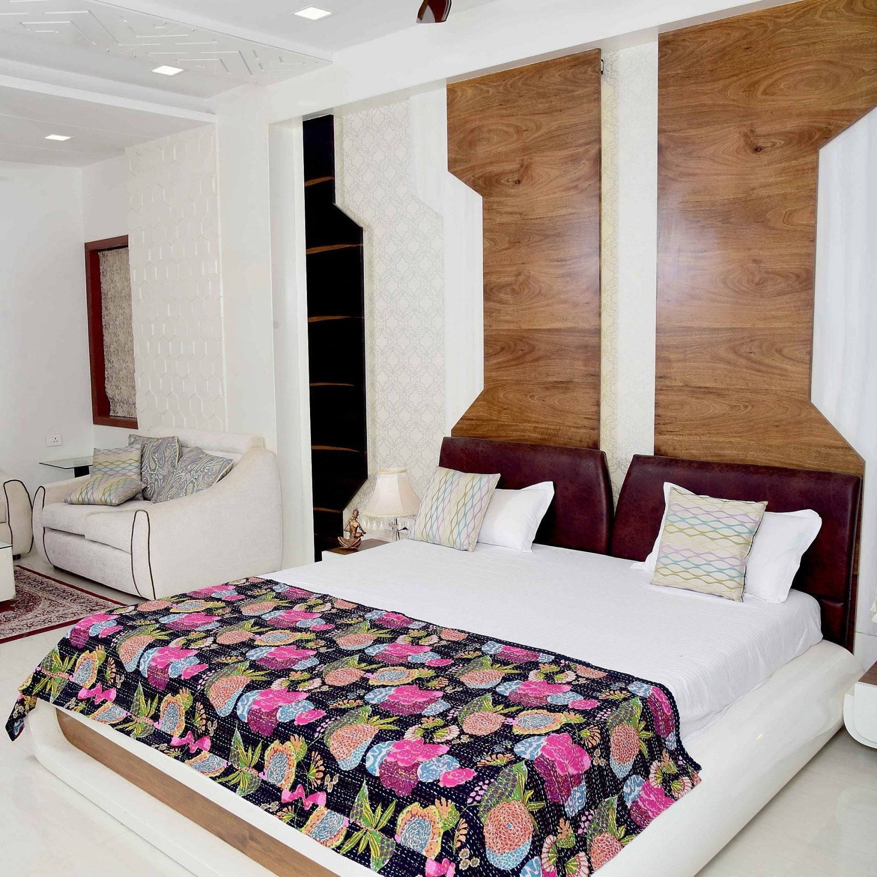 Boho Black Indian Kantha Quilt - Handmade