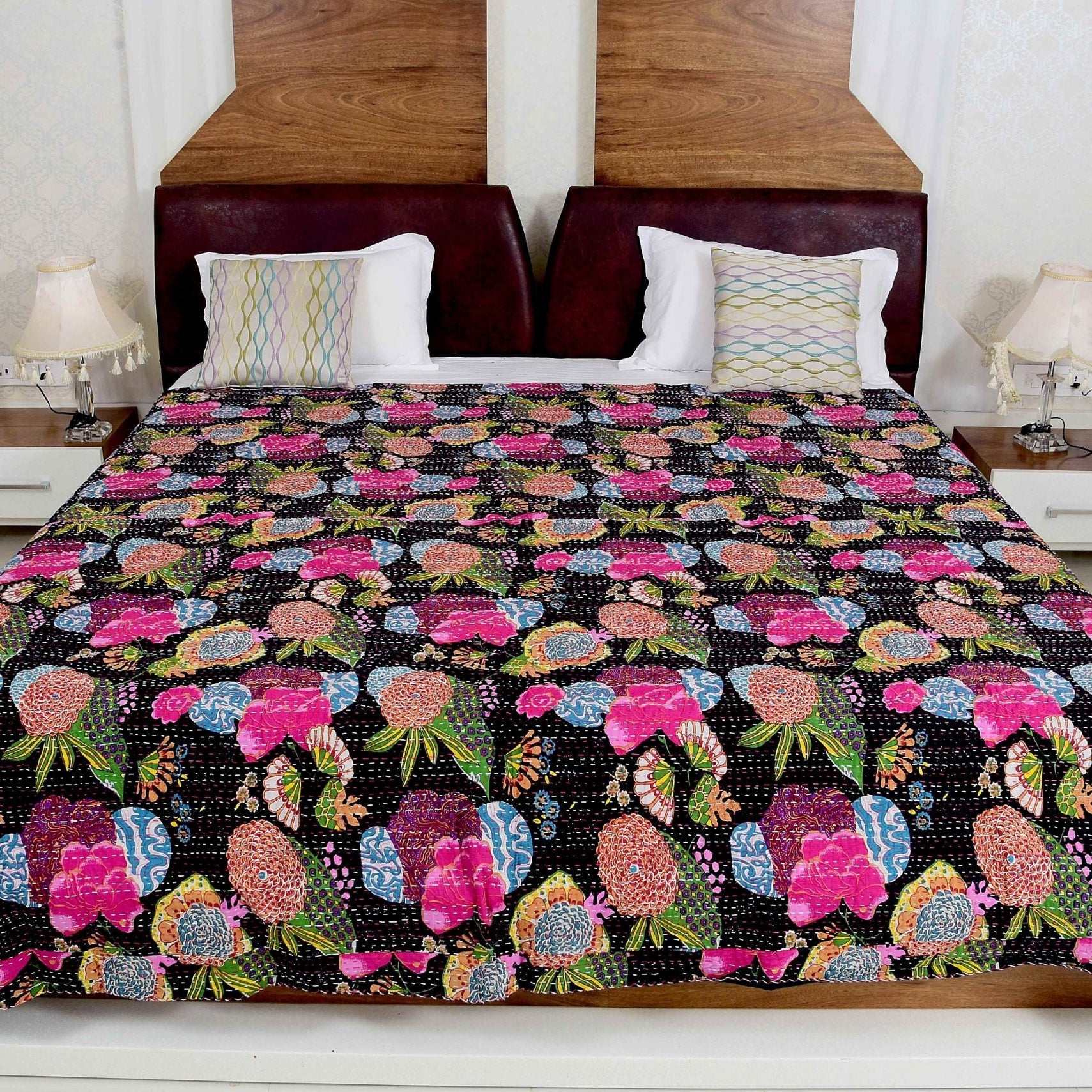 Boho Black Indian Kantha Quilt - Handmade