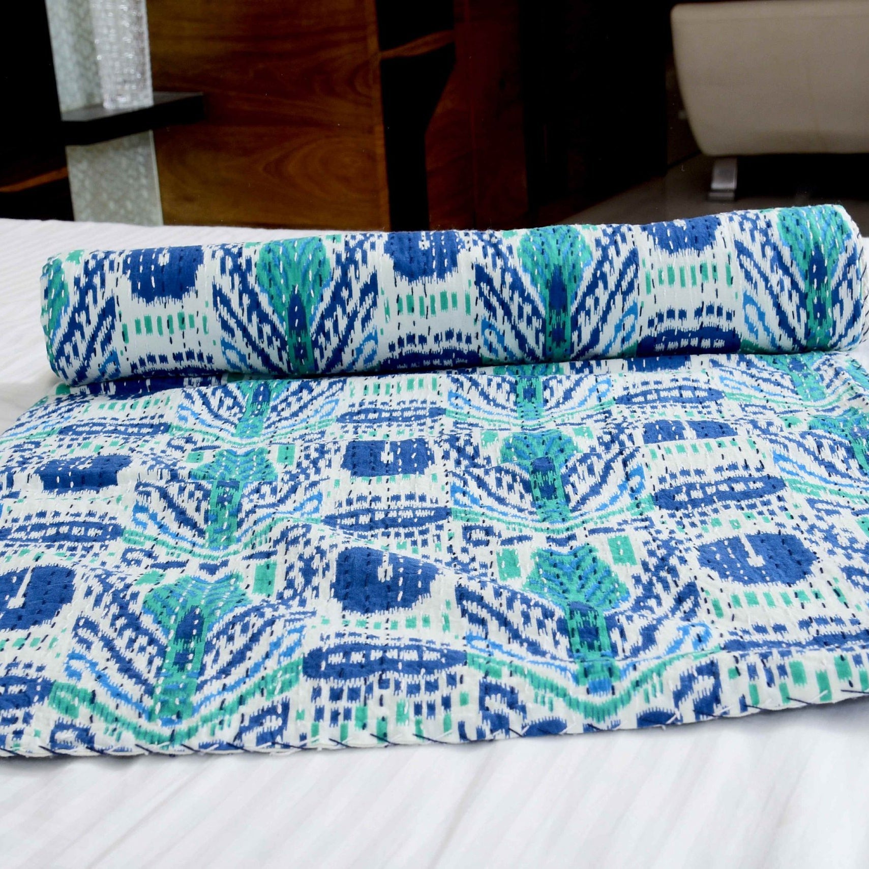 Blue Opal Boho Indian Kantha Quilt - Cool Hues