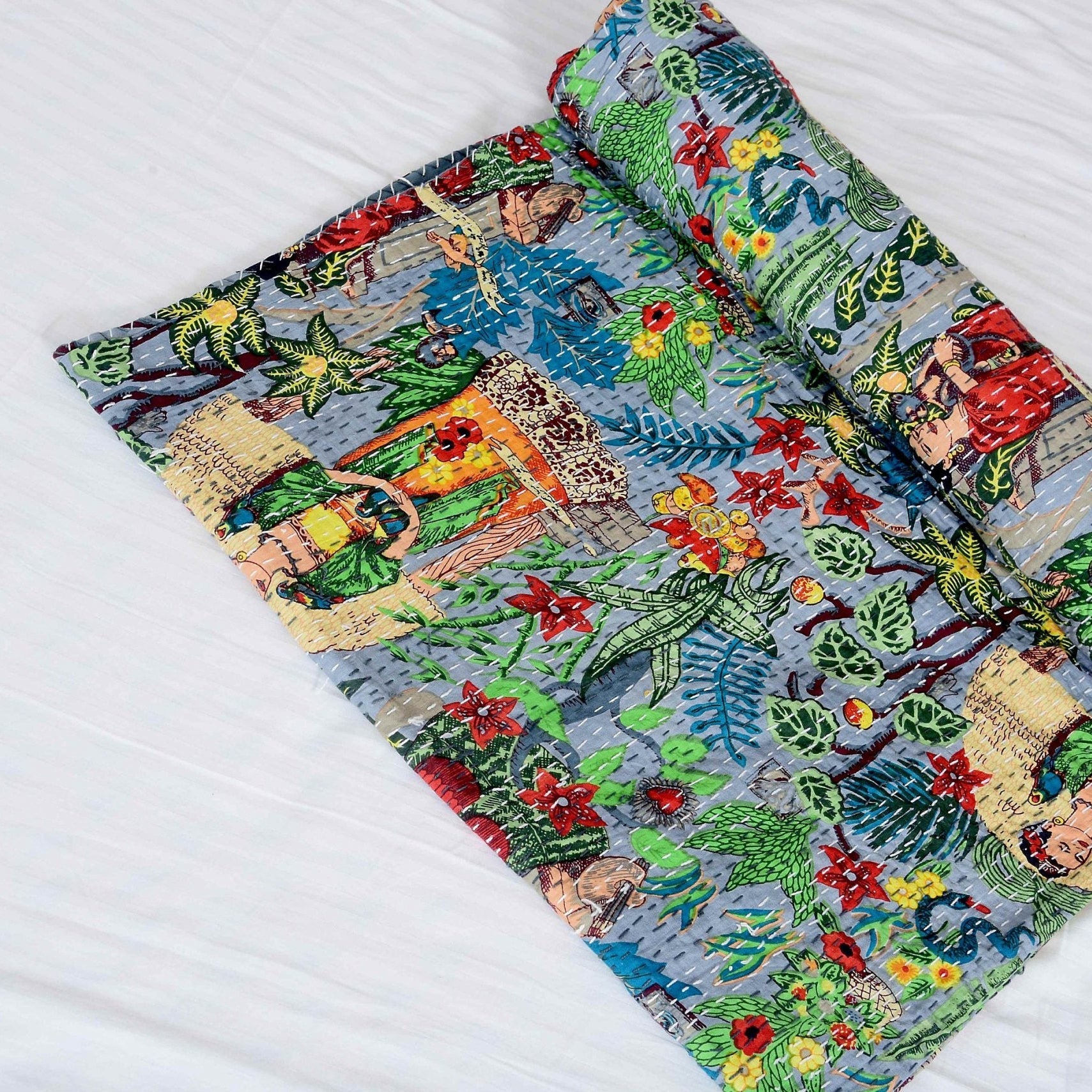 Frida Grey Boho Indian Kantha Quilt - Stylish