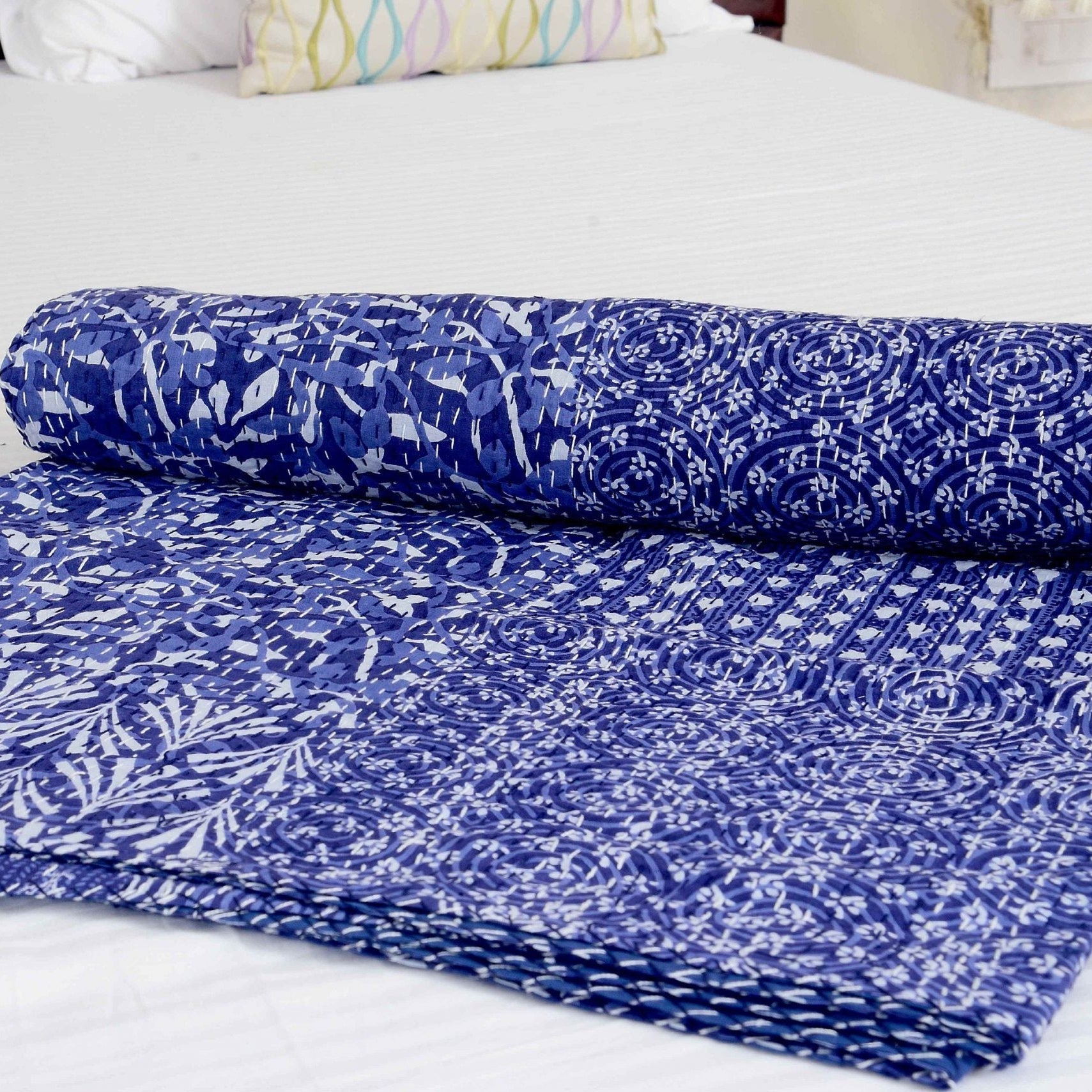 Blue Lagoon Boho Indian Kantha Quilt