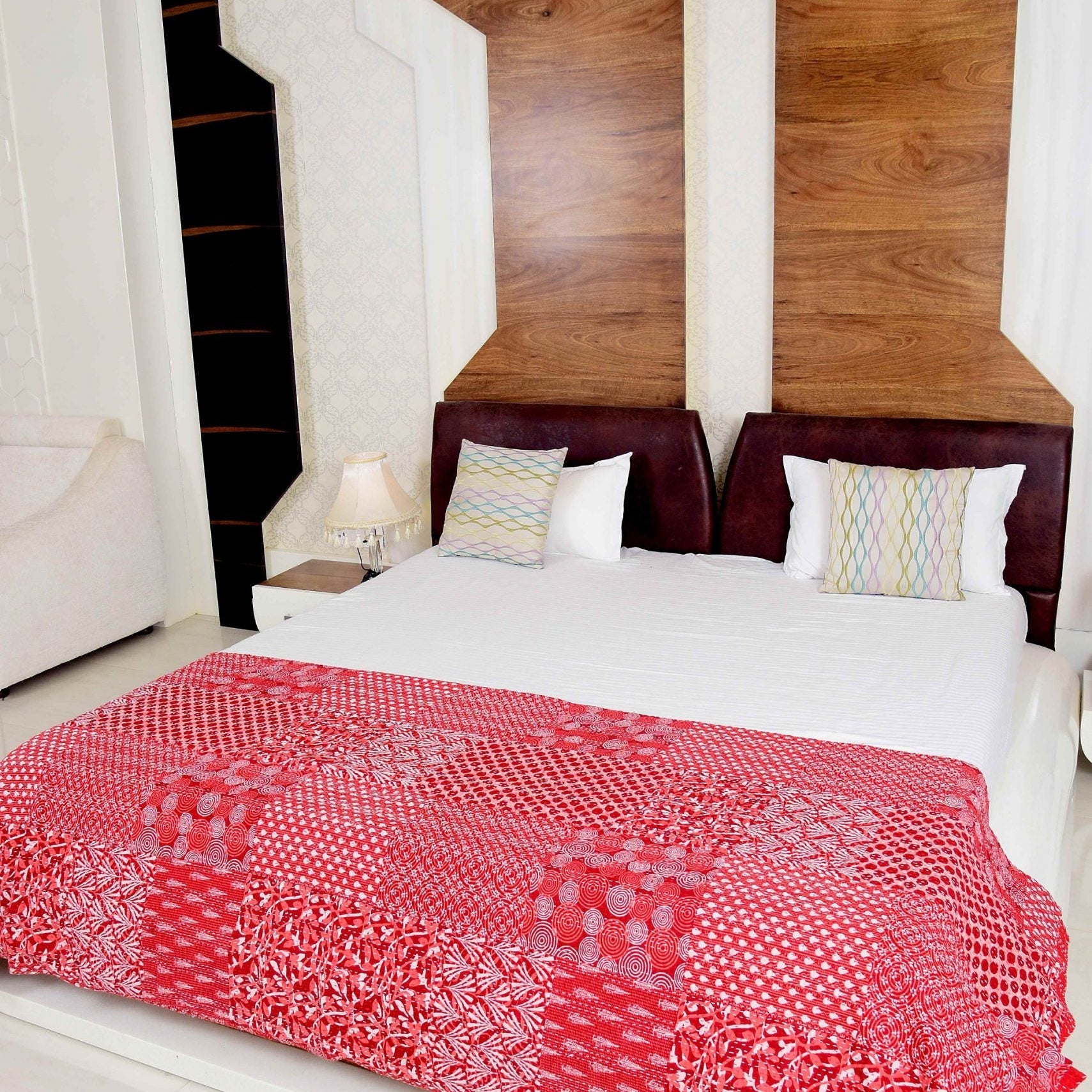 Boho Kantha Quilt - Red Aurora, Unique Design