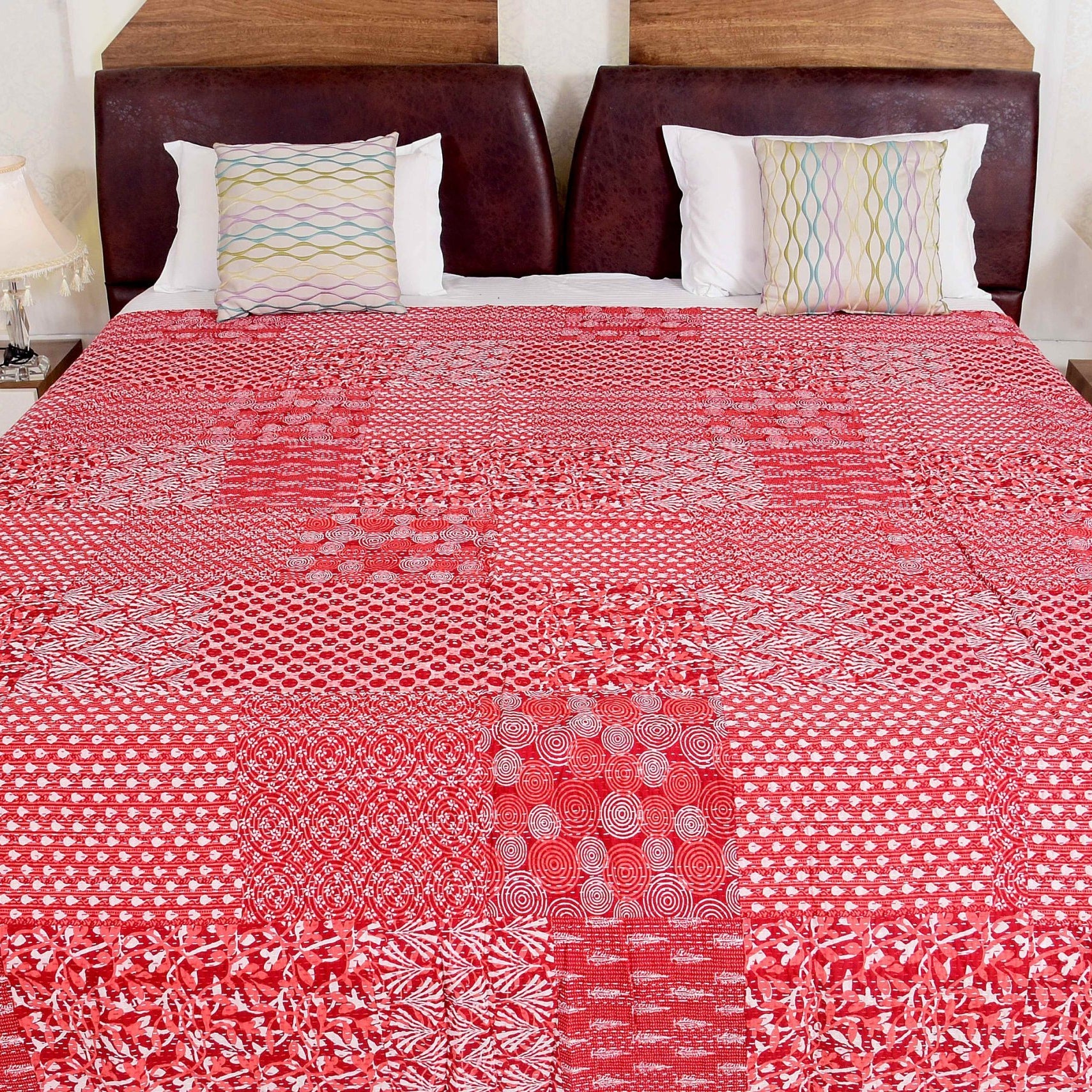 Boho Kantha Quilt - Red Aurora, Unique Design
