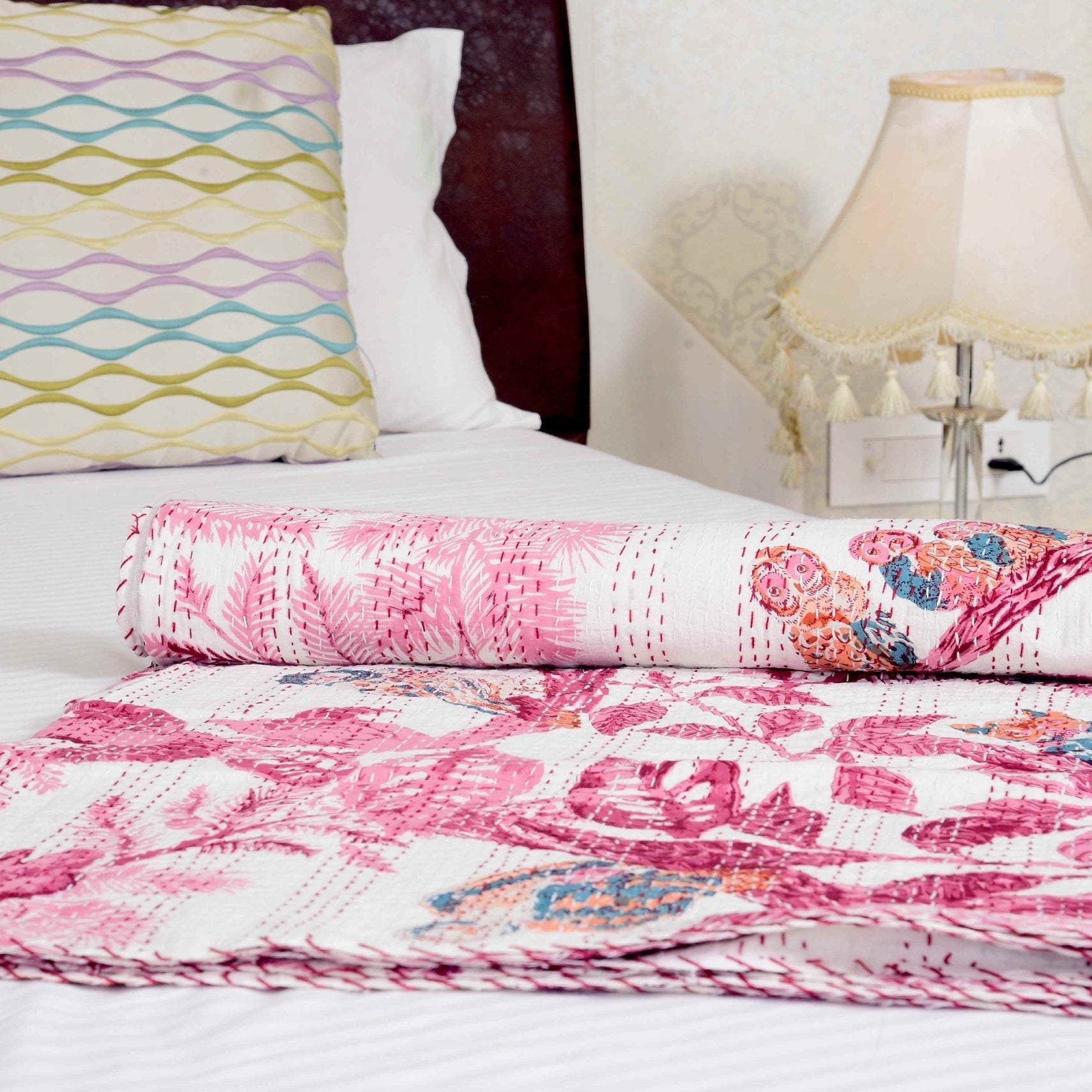 Pink Owl Boho Kantha Quilt - Playful Design