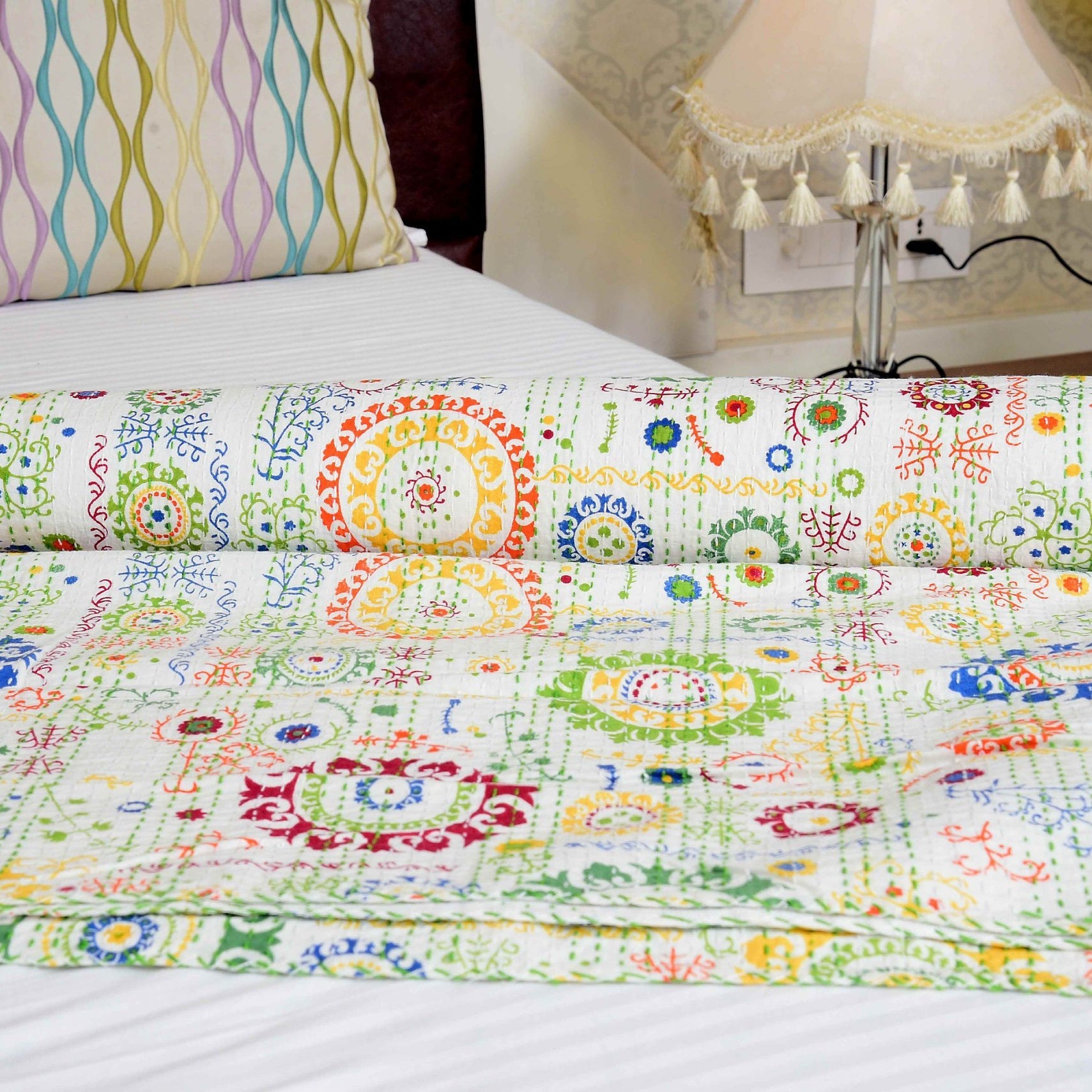 Colourful Oasis Boho Indian Kantha Quilt