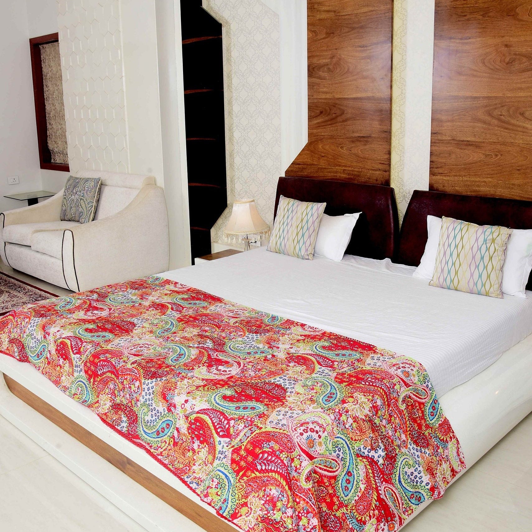 Red Flowers Boho Kantha Quilt - Handmade