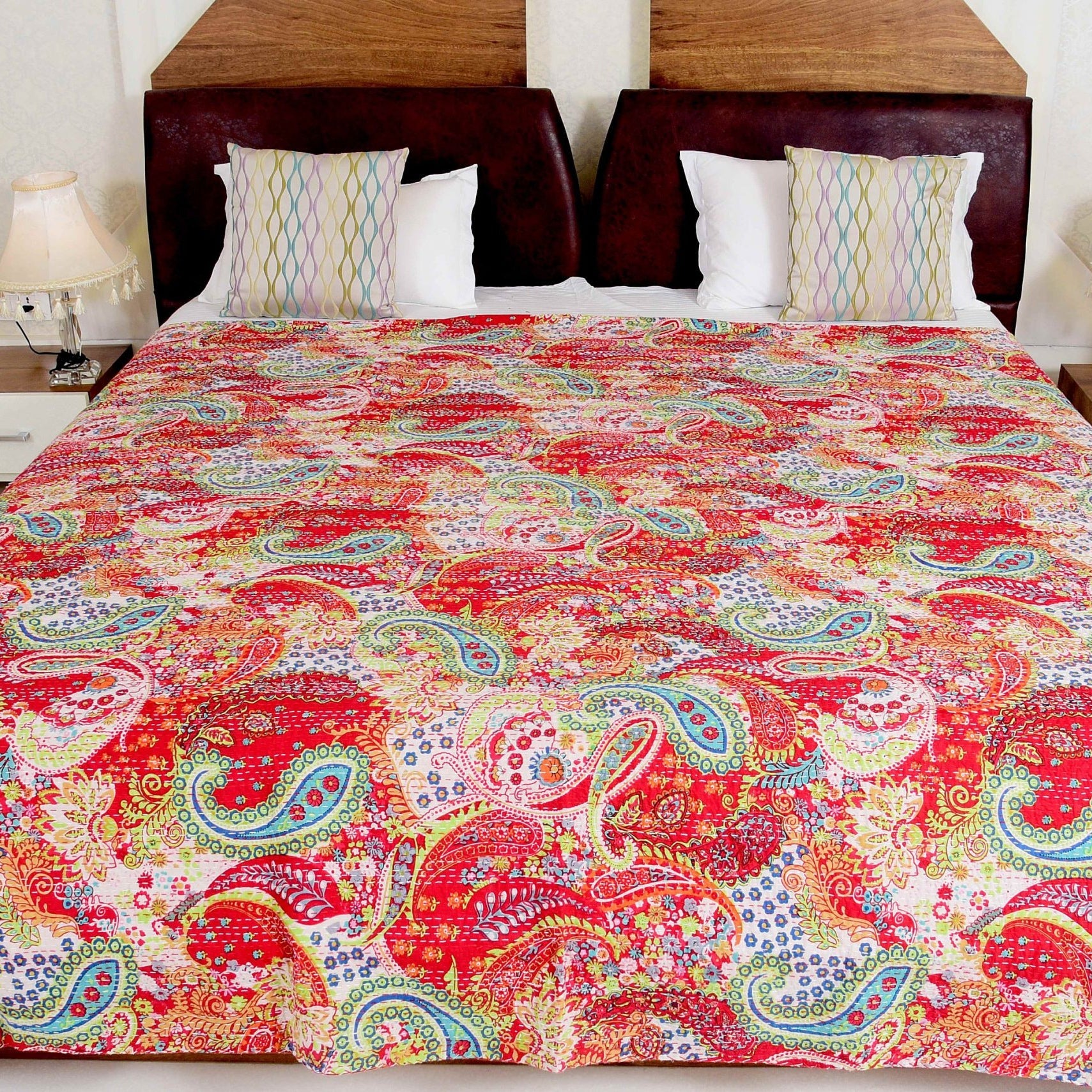 Red Flowers Boho Kantha Quilt - Handmade