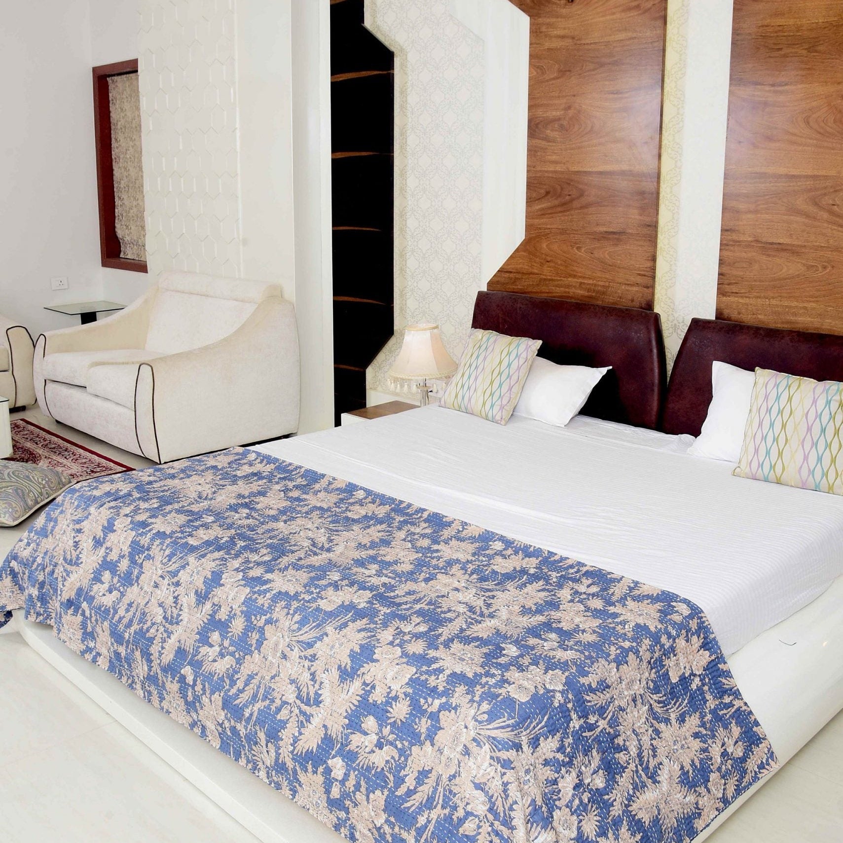 Blue Serenity Boho Kantha Quilt - Relaxing Hues