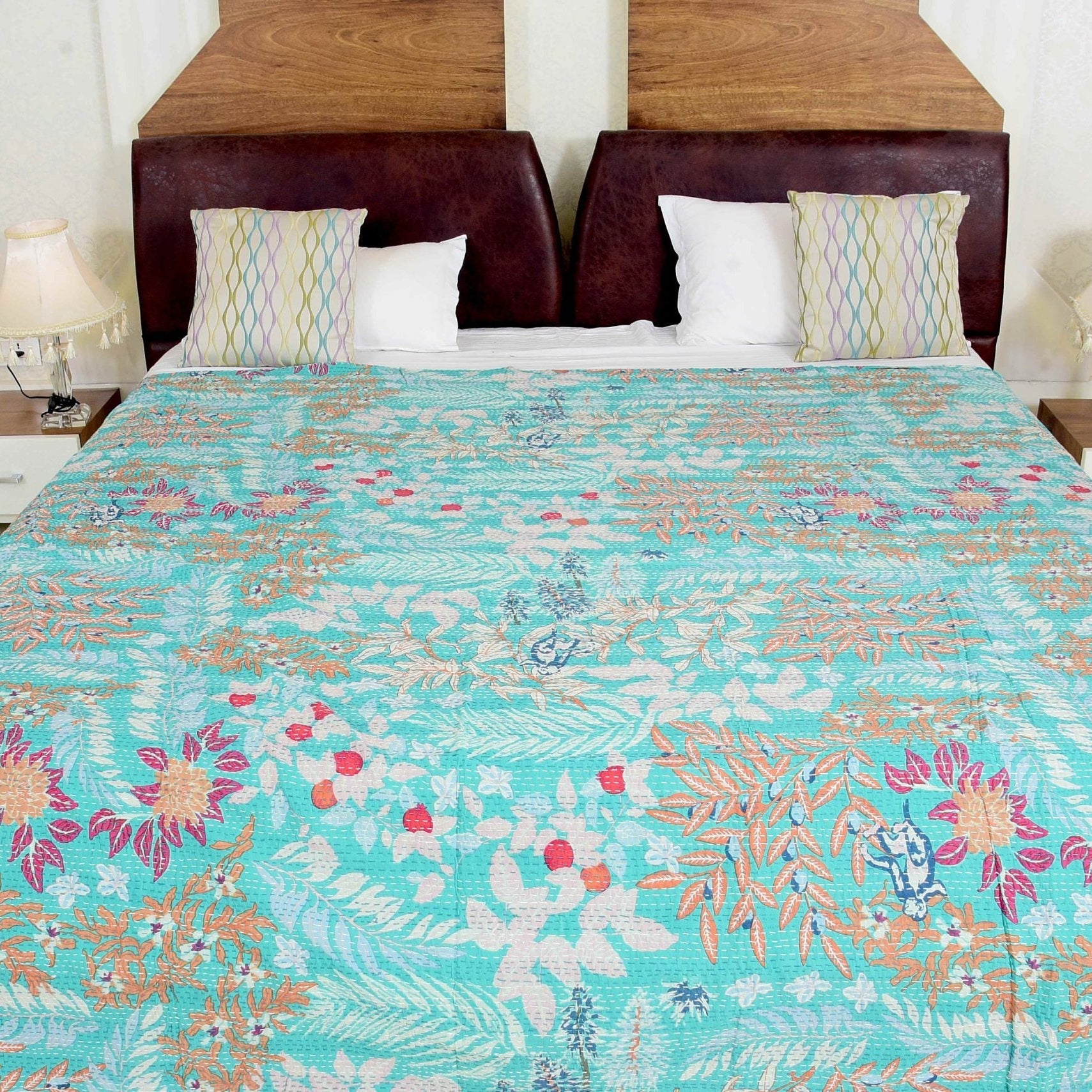 Boho Kantha Quilt - Mint Pastures, Handcrafted