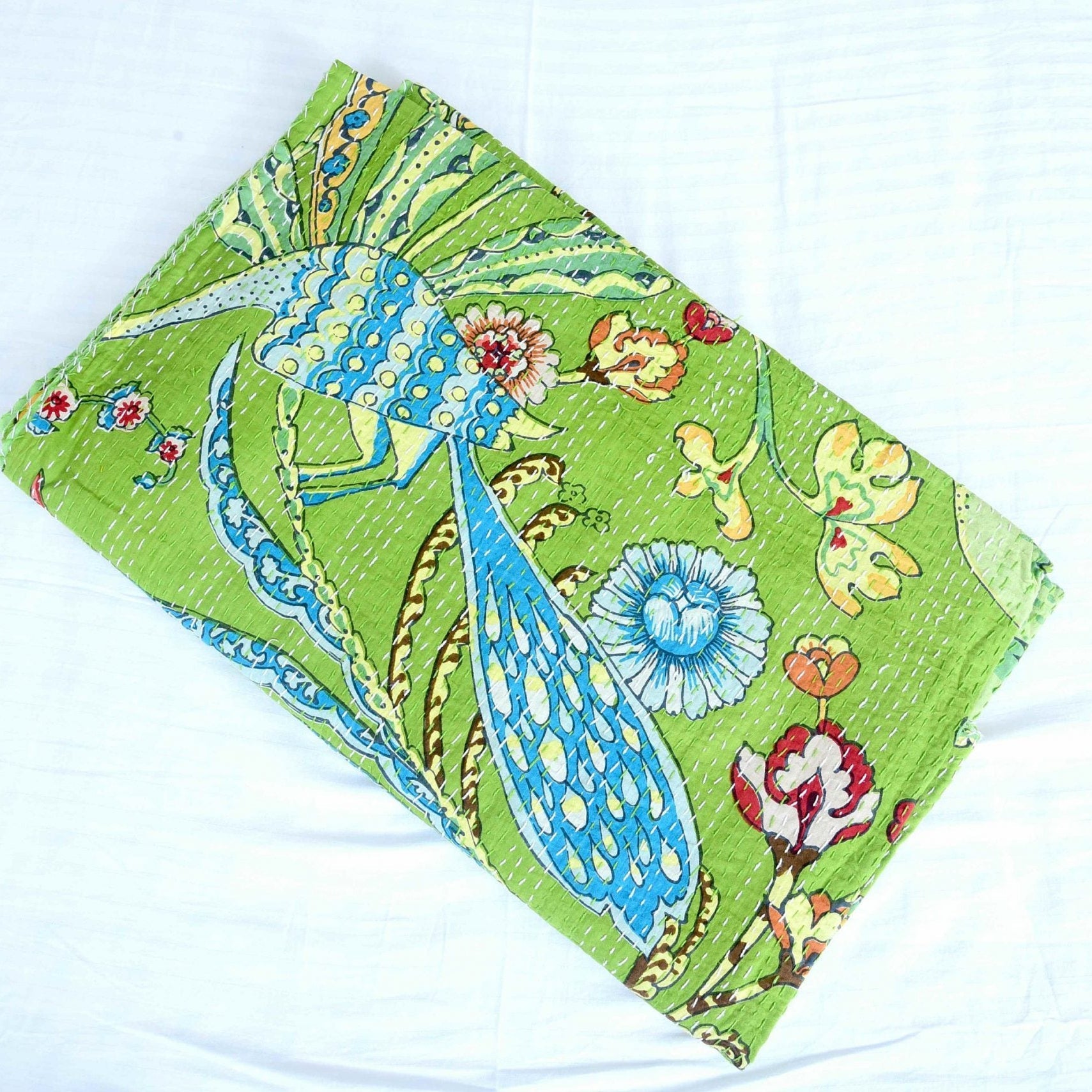 Boho Kantha Quilt - Green Hues, Artistic Style