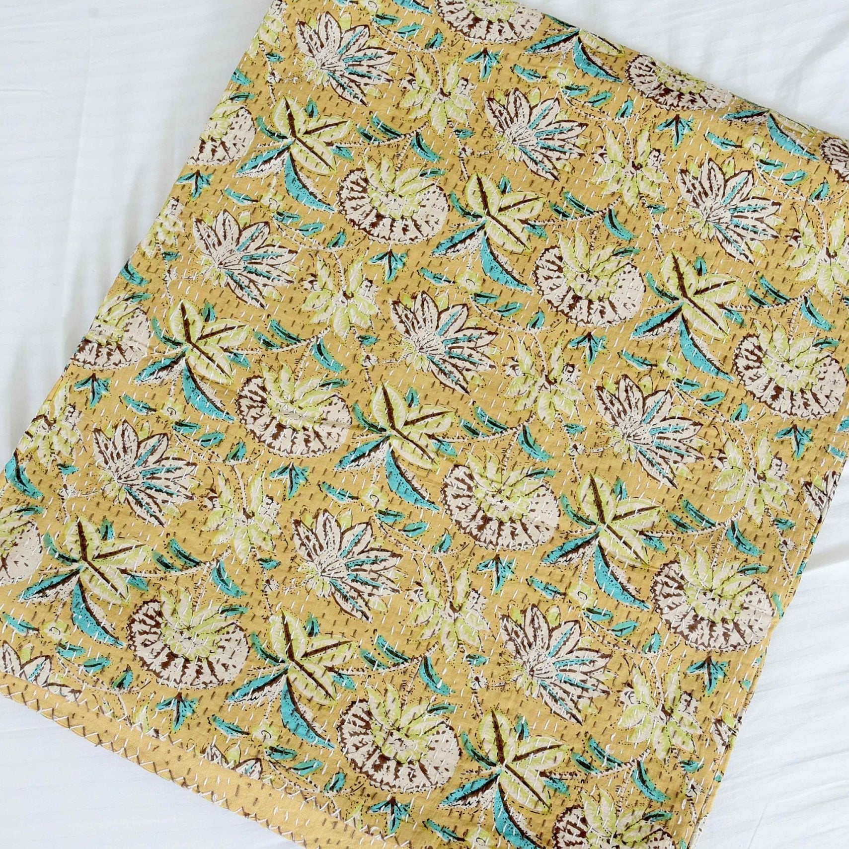 Mustard Haze Boho Kantha Quilt - Unique Colour