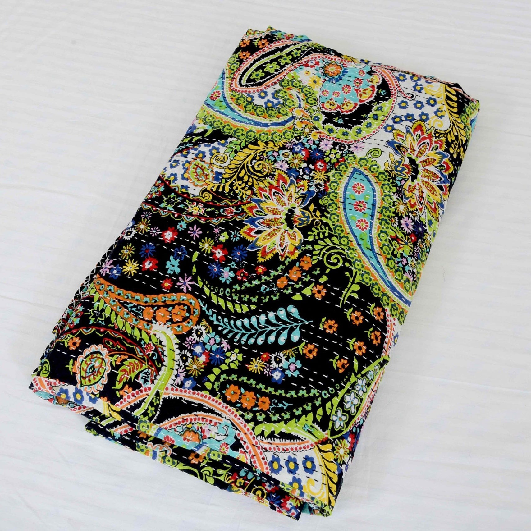 Indian Kantha Quilt - Black Swan, Elegant Style