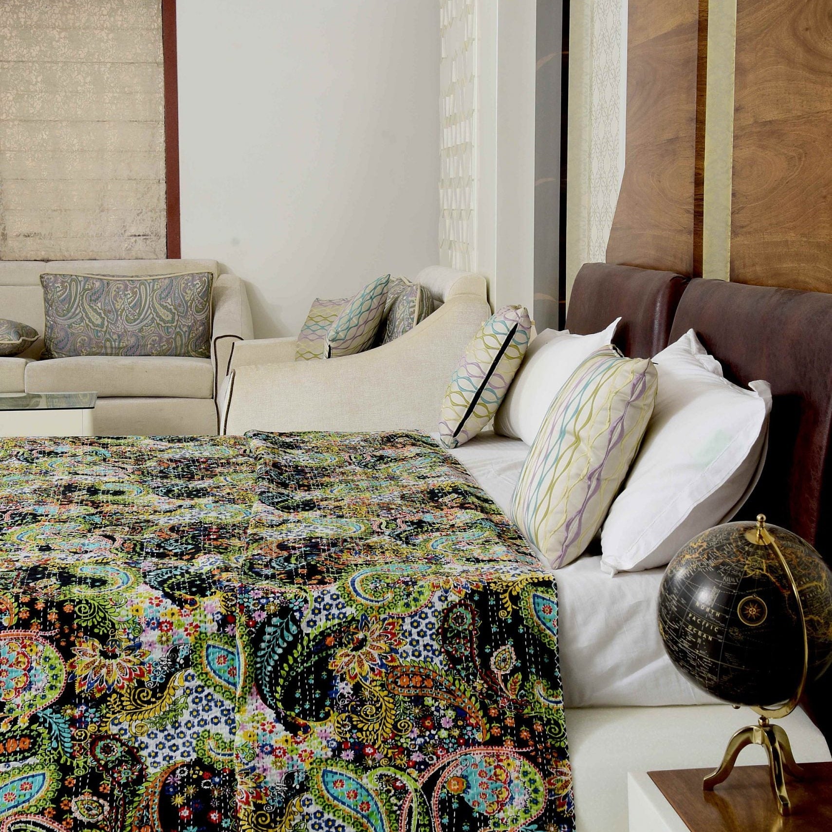 Indian Kantha Quilt - Black Swan, Elegant Style