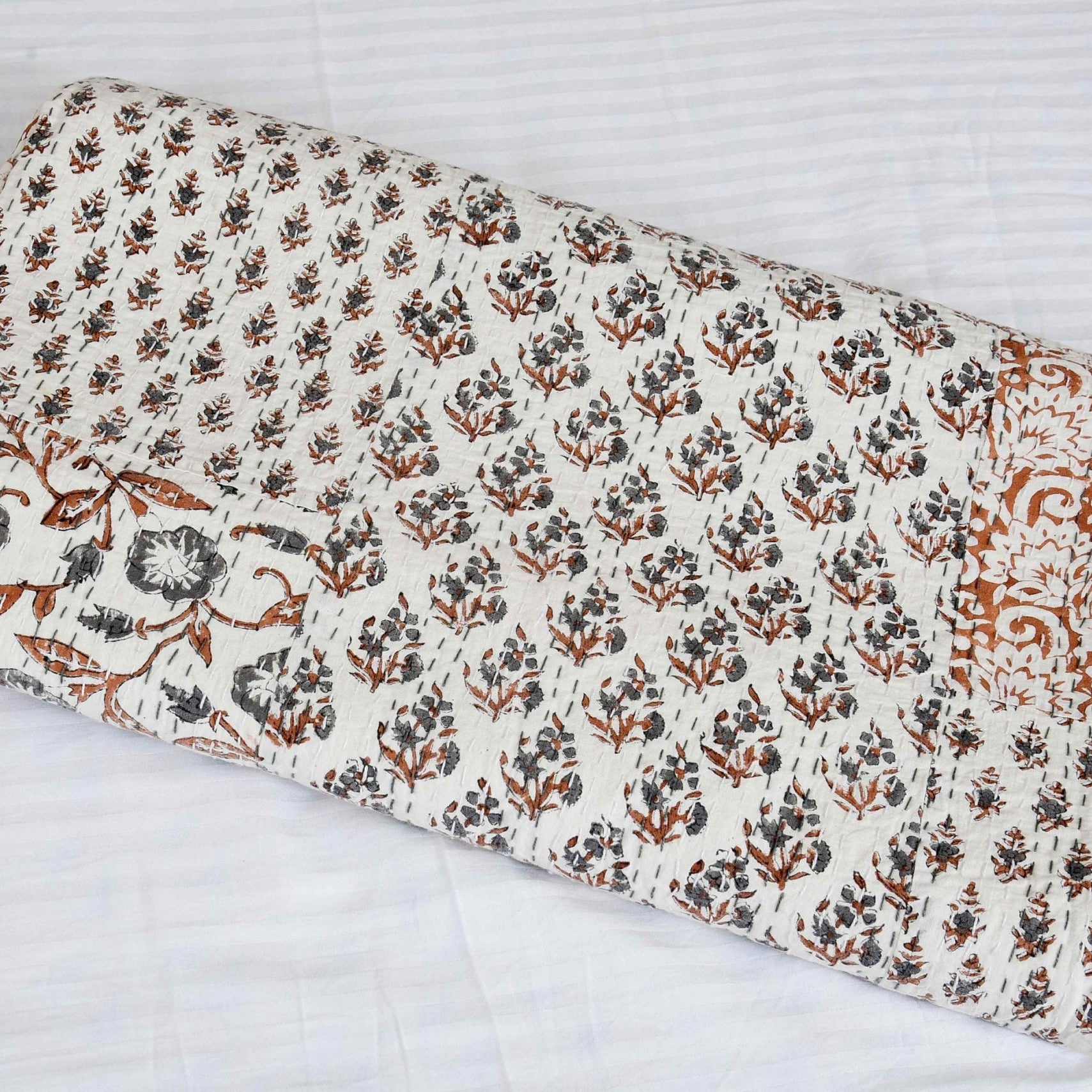 Indian Kantha Quilt - White Mist