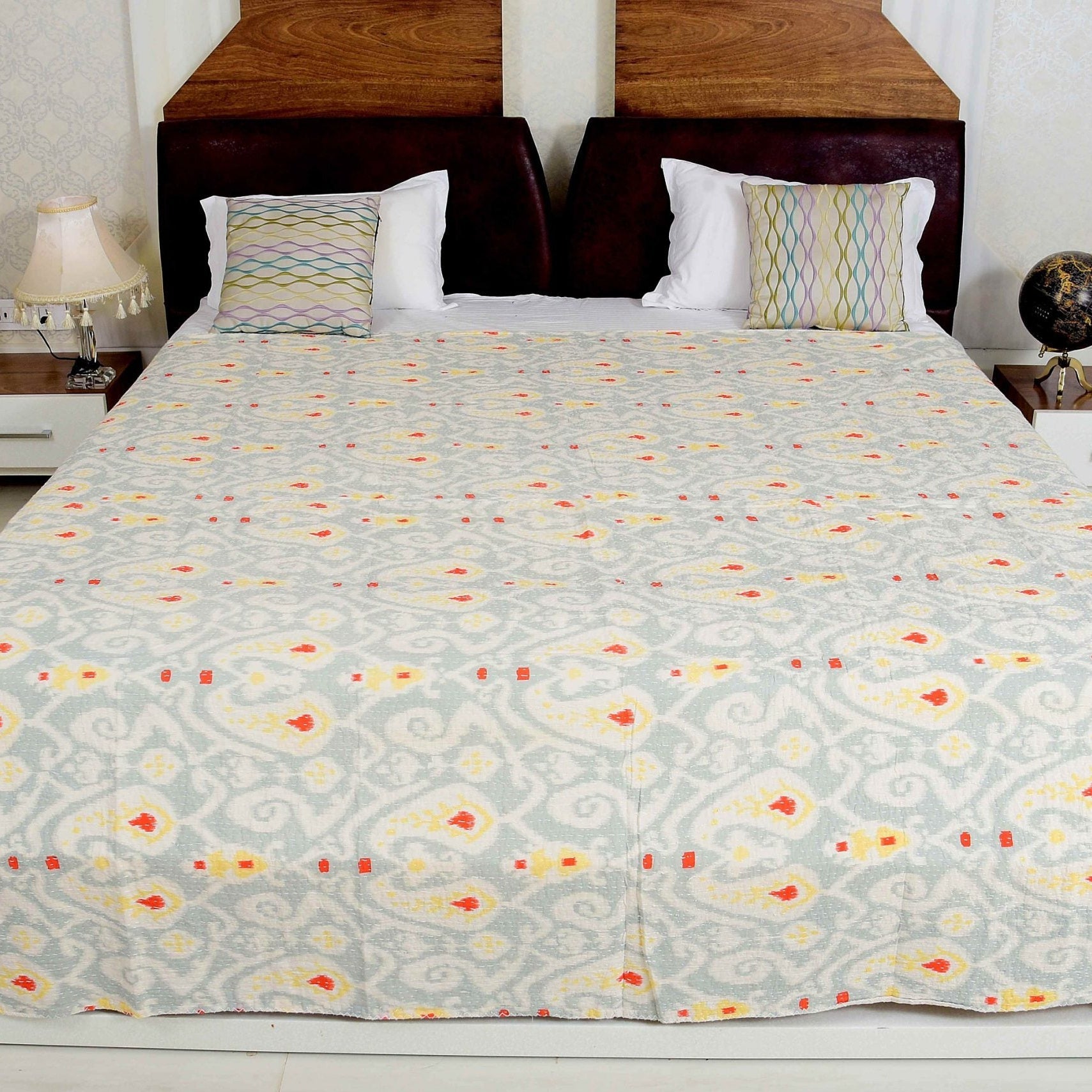Pale Grey Boho Kantha Quilt - Soft Tones