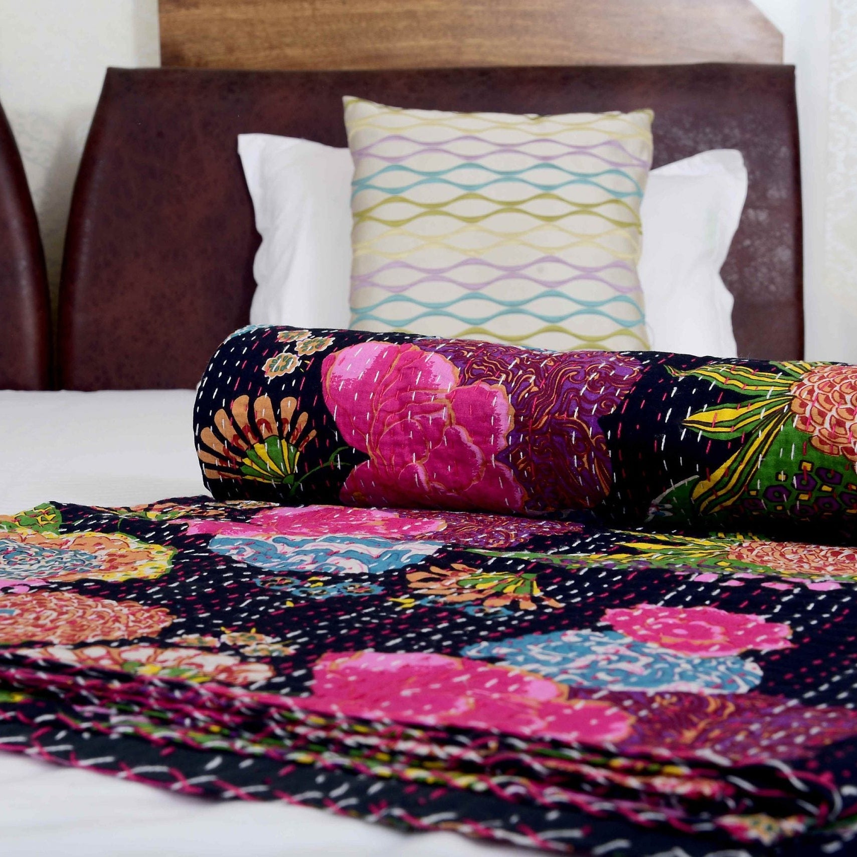 Boho Black Indian Kantha Quilt - Handmade