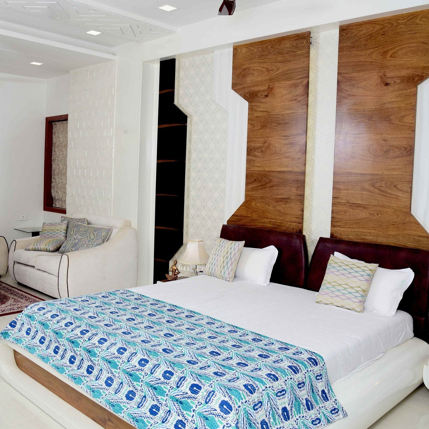 Blue Opal Boho Indian Kantha Quilt - Cool Hues