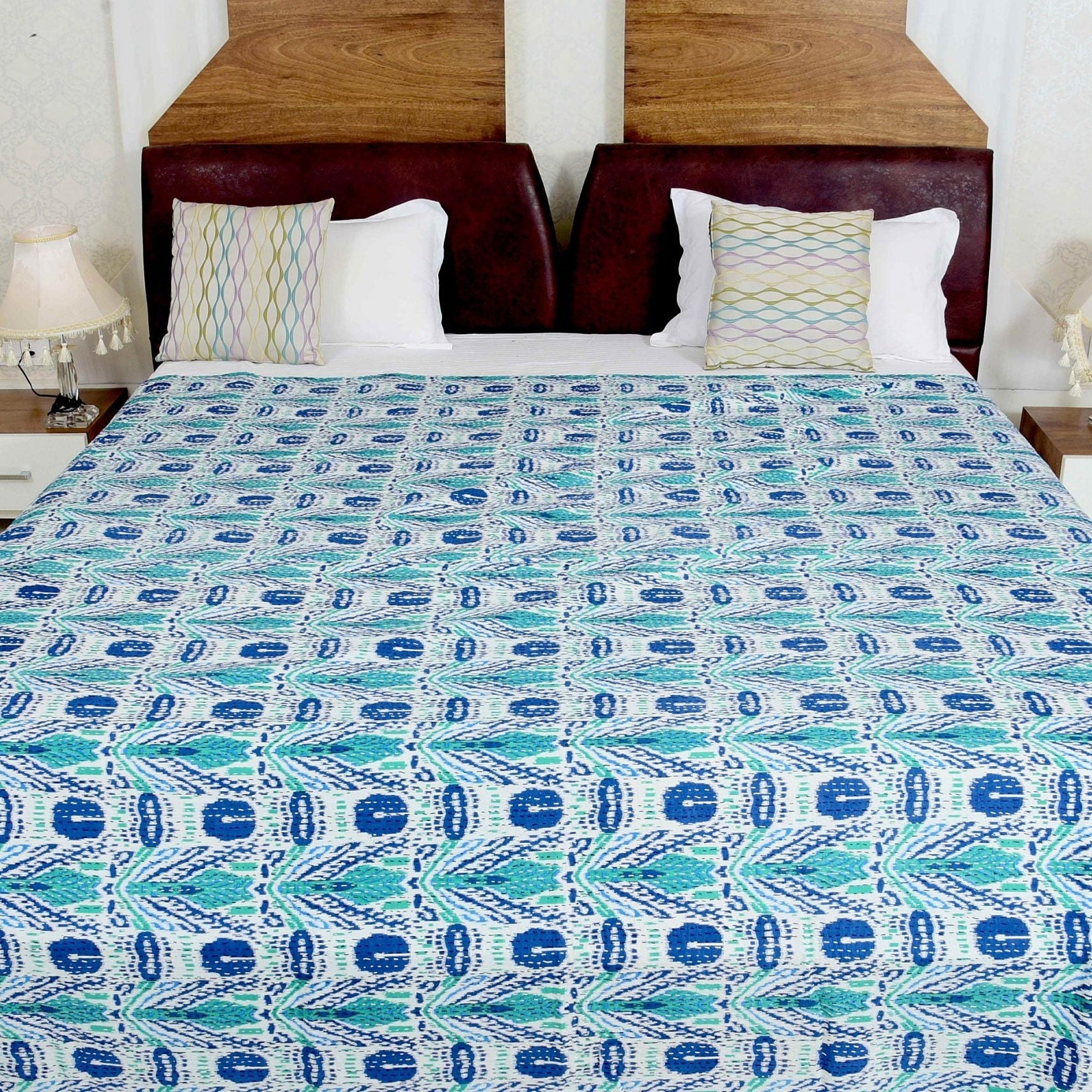 Blue Opal Boho Indian Kantha Quilt - Cool Hues