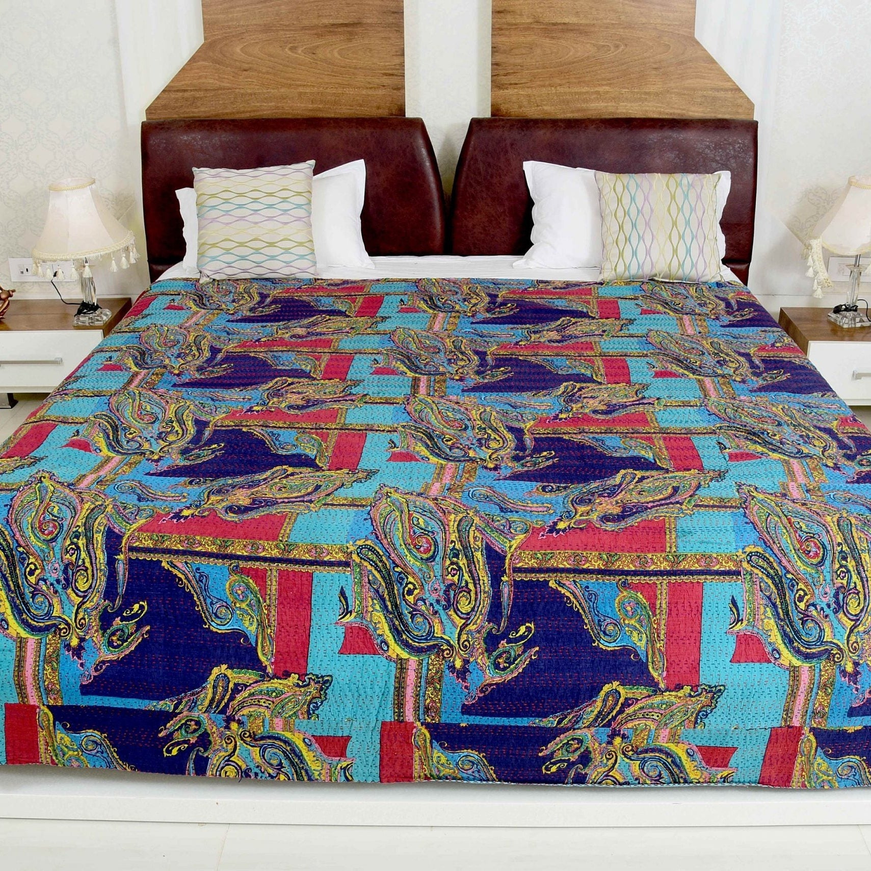 Royal Blue Boho Kantha Quilt - Rich Tones