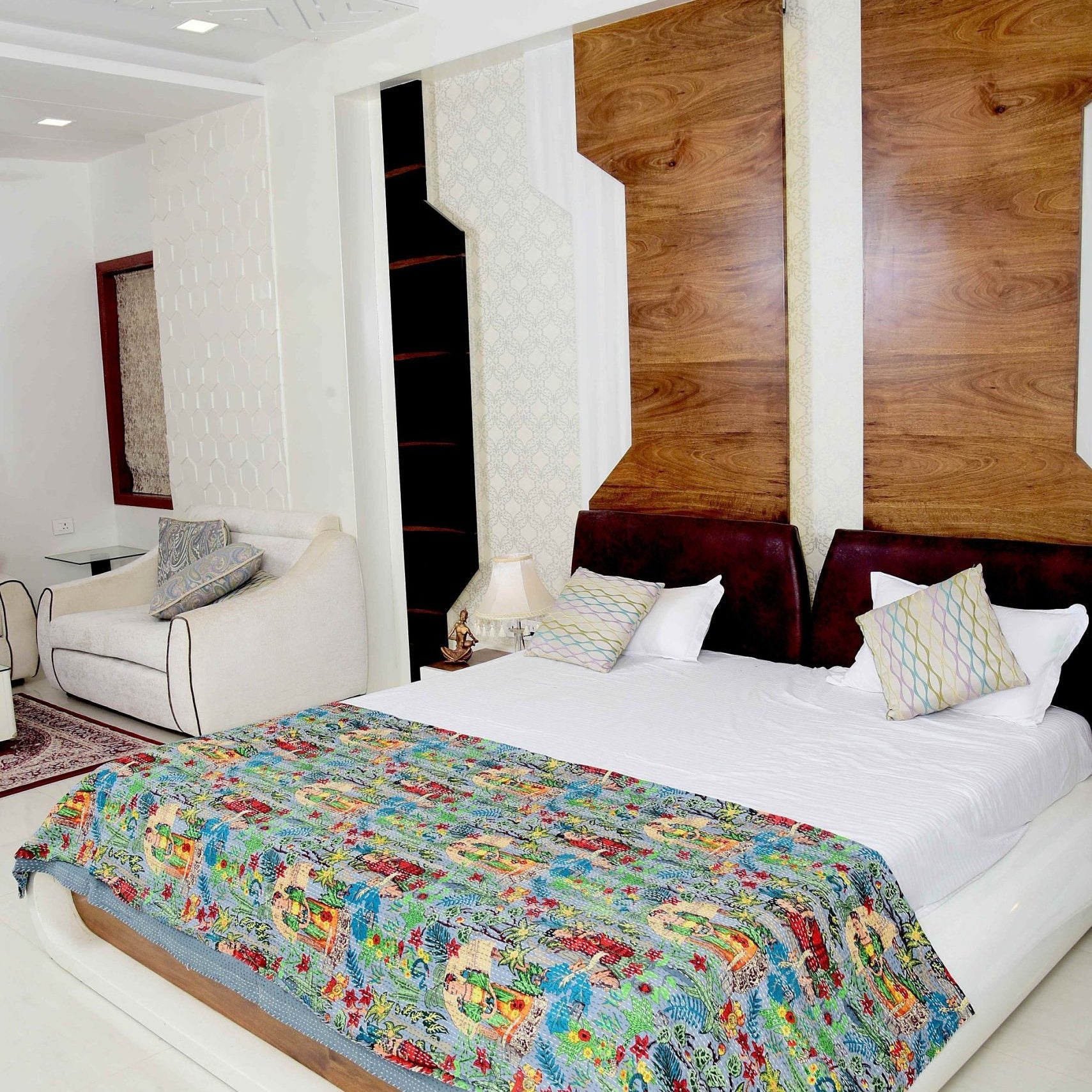 Frida Grey Boho Indian Kantha Quilt - Stylish