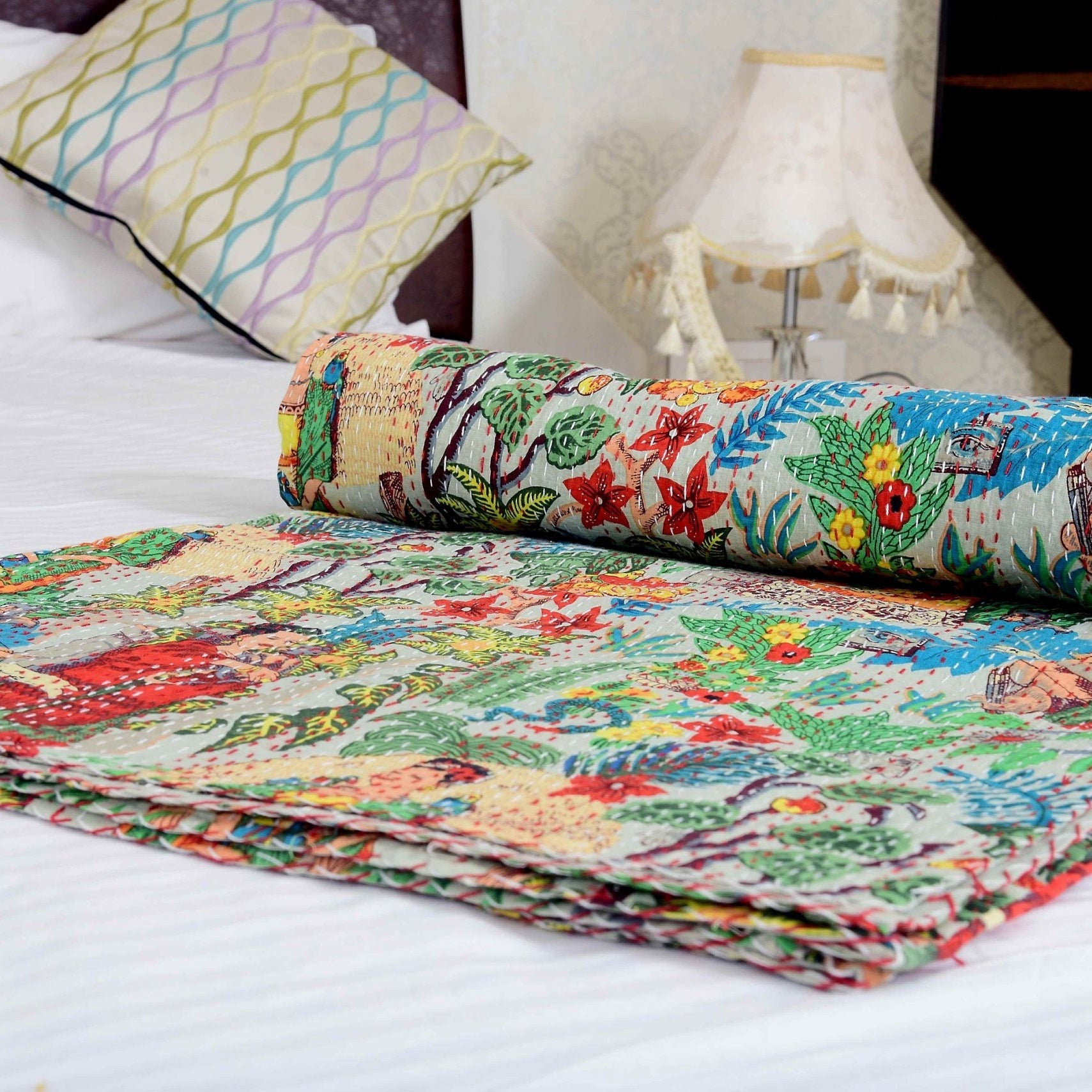 Frida Kahlo Kantha Quilt - Boho Indian Block Print Bedspread & Baby Blanket