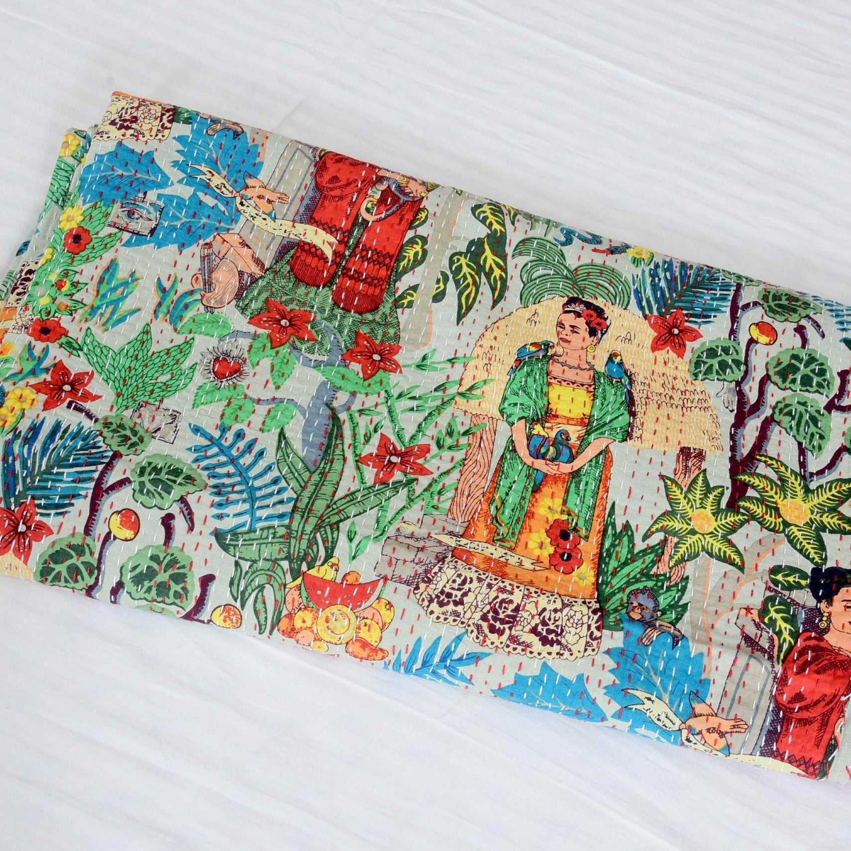 Frida Kahlo Kantha Quilt - Boho Indian Block Print Bedspread & Baby Blanket