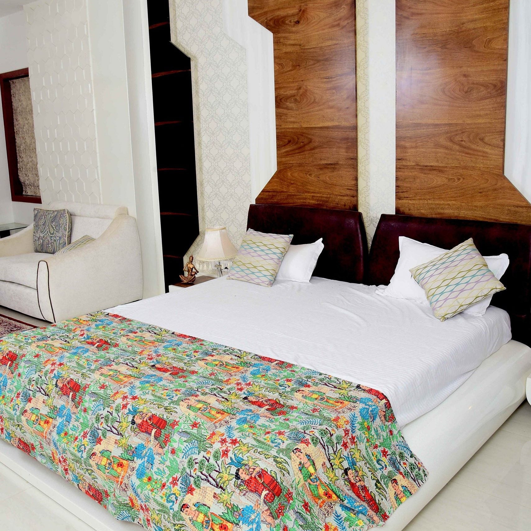 Frida Kahlo Kantha Quilt - Boho Indian Block Print Bedspread & Baby Blanket