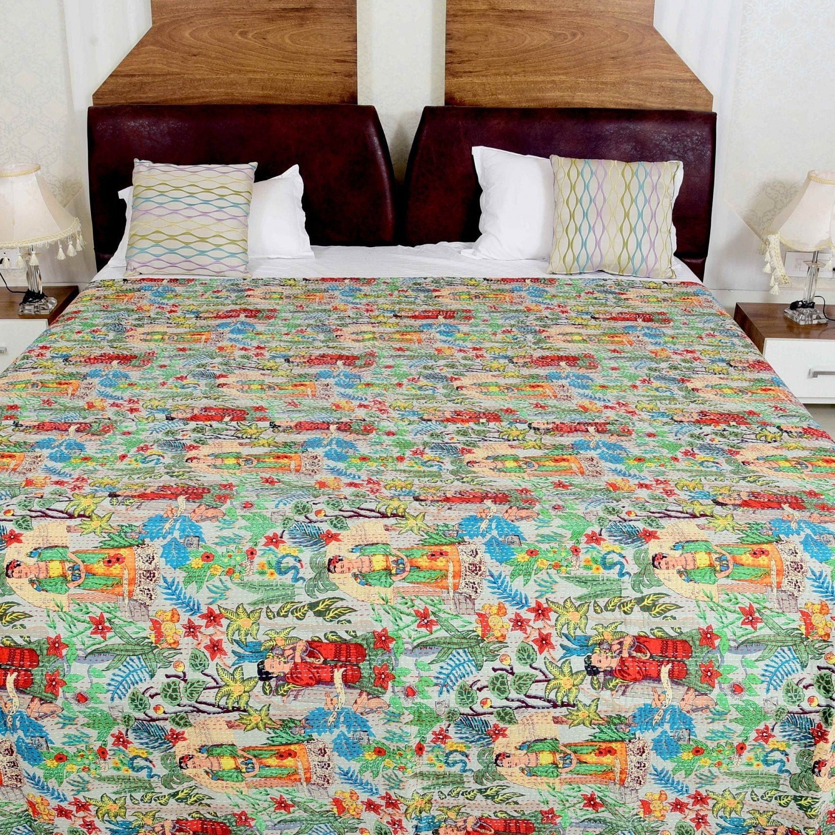 Frida Kahlo Kantha Quilt - Boho Indian Block Print Bedspread & Baby Blanket