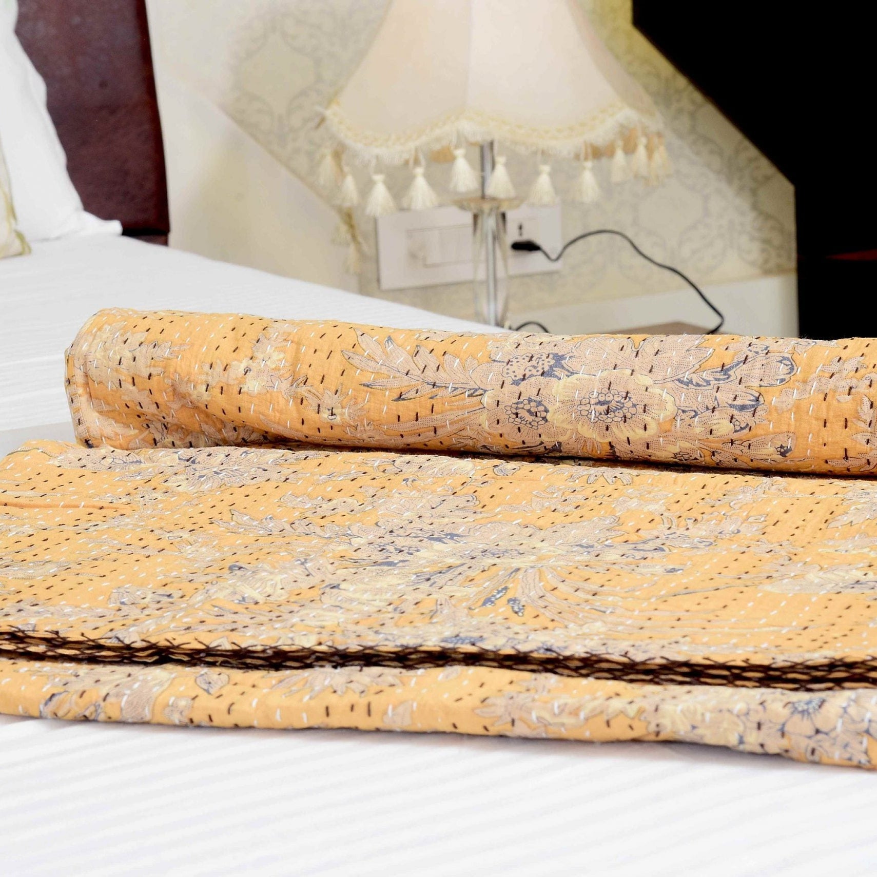 Pale Fiery Boho Kantha Quilt - Warm & Inviting