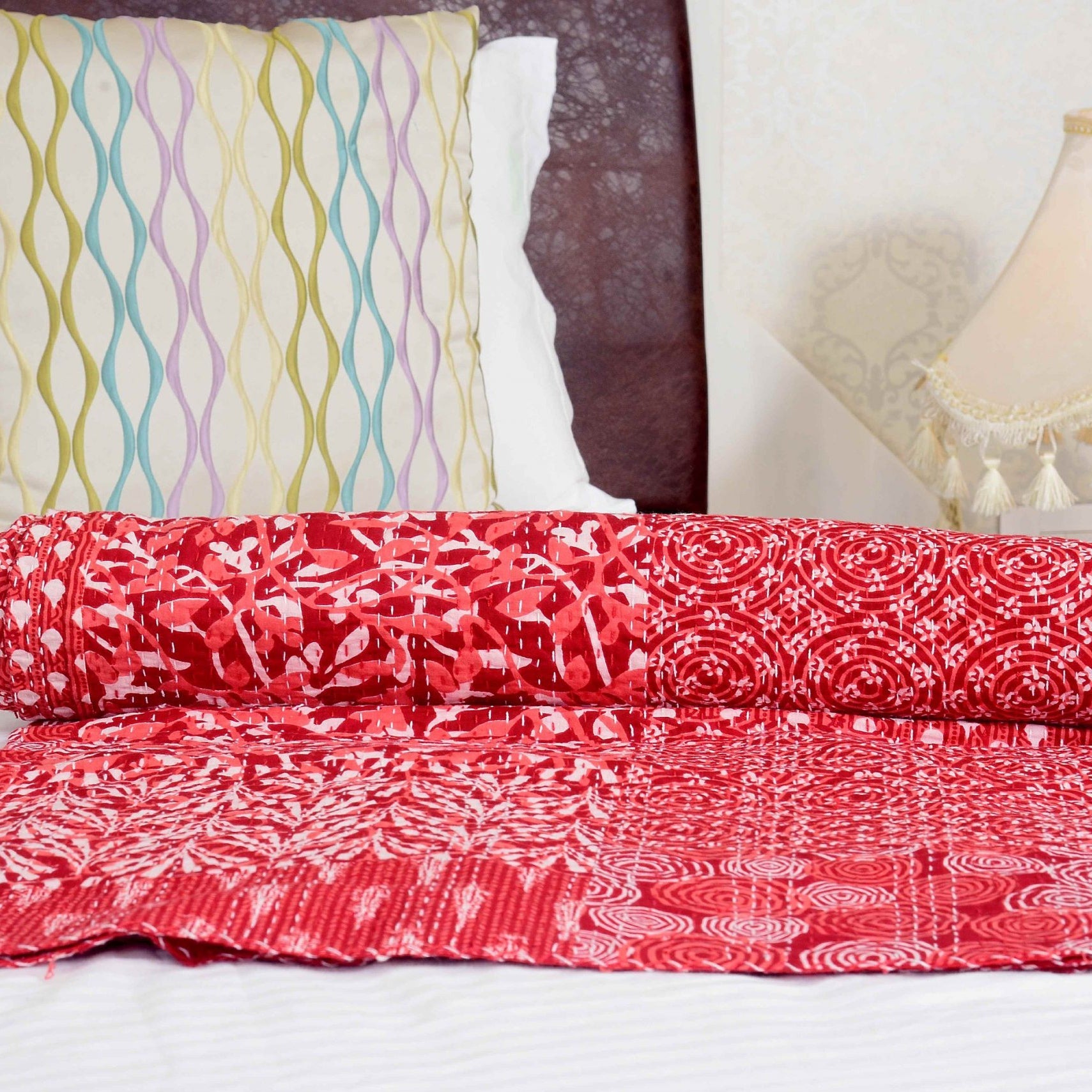 Boho Kantha Quilt - Red Aurora, Unique Design