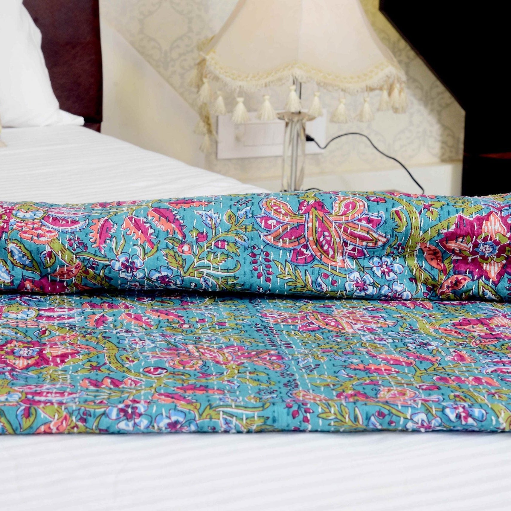 Blue Oasis Handmade Kantha Quilt - Serene Feel
