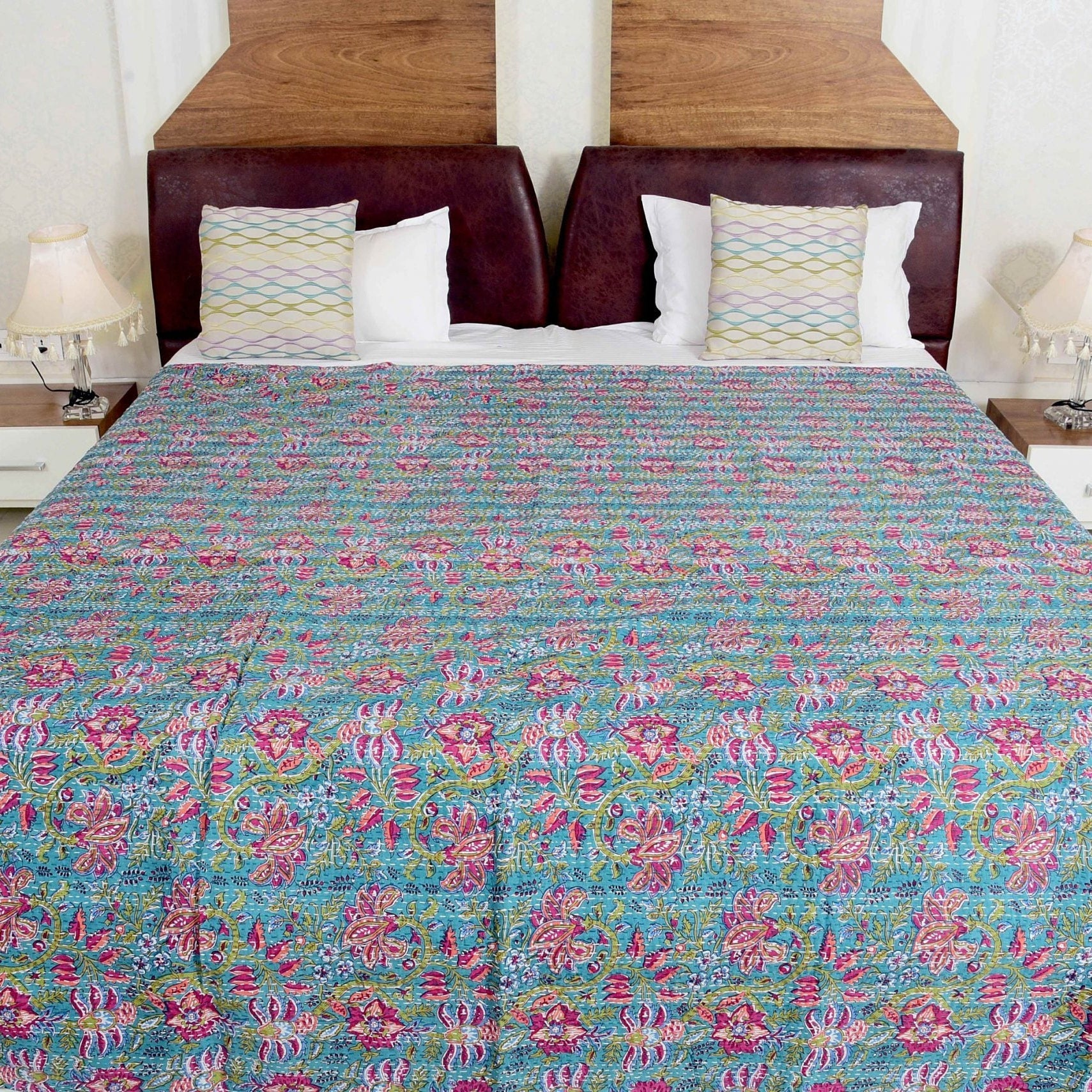 Blue Oasis Handmade Kantha Quilt - Serene Feel