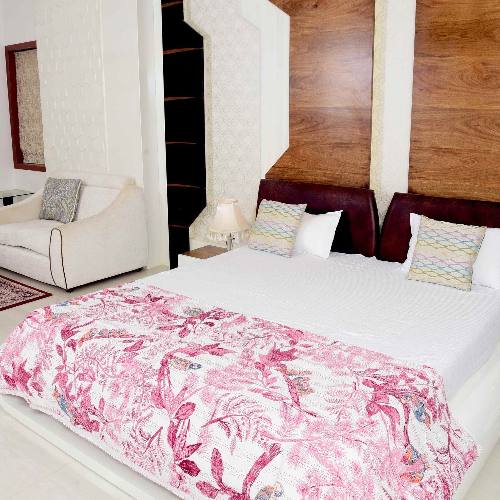 Pink Owl Boho Kantha Quilt - Playful Design