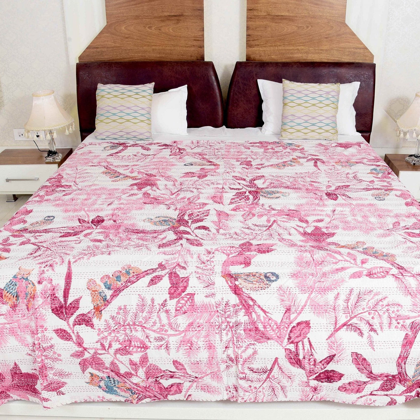 Pink Owl Boho Kantha Quilt - Playful Design