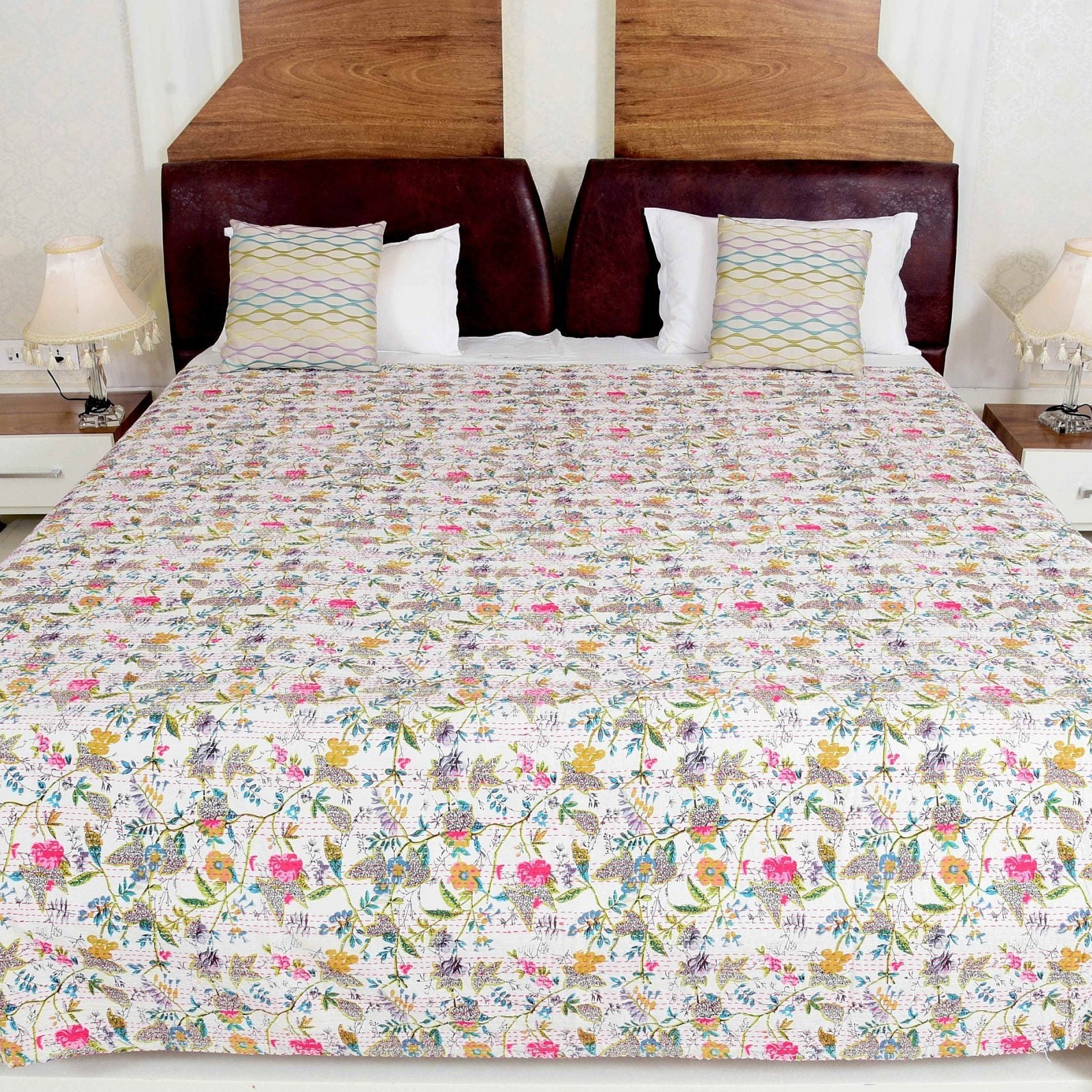 Bohemian Snow Indian Kantha Quilt - Handmade