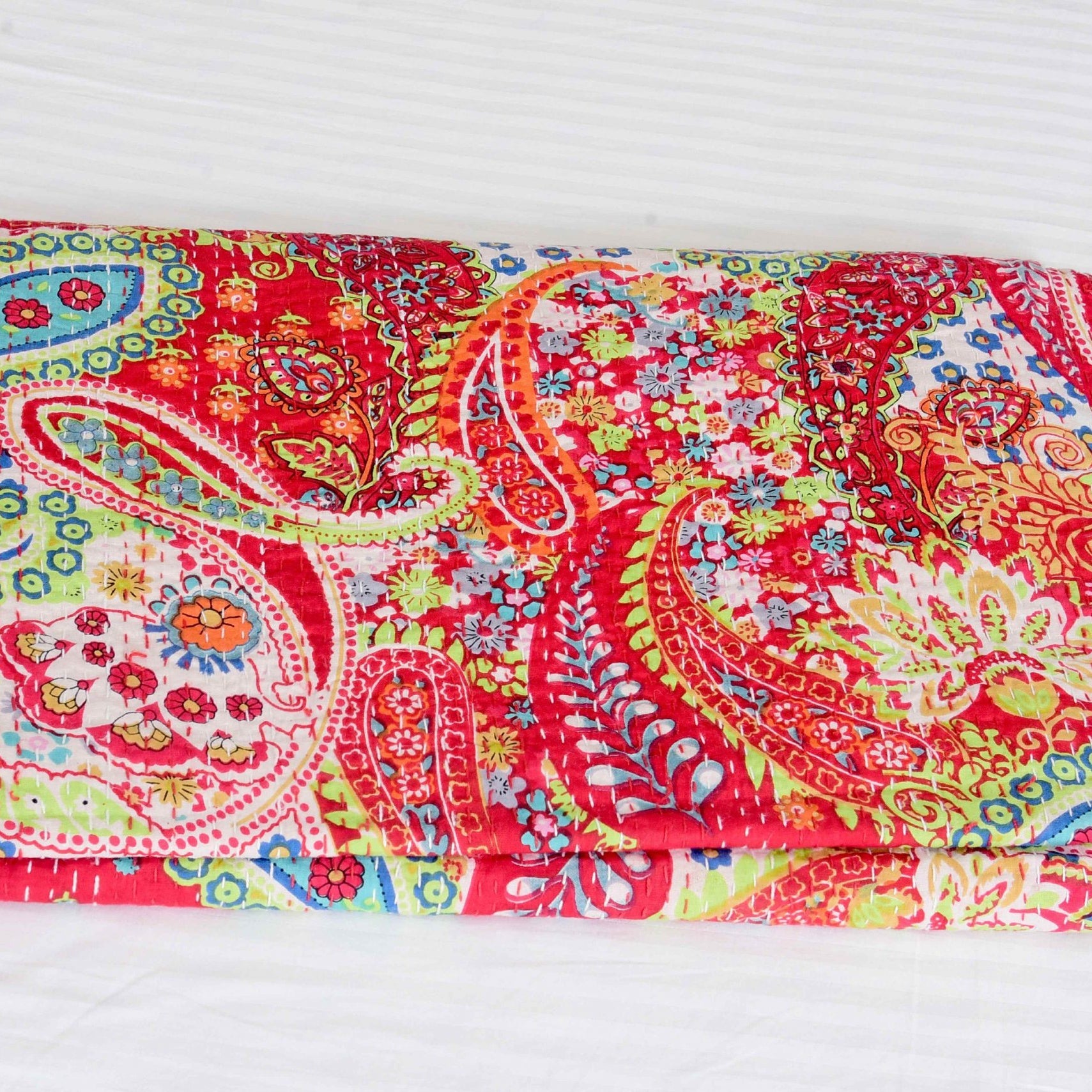 Red Flowers Boho Kantha Quilt - Handmade
