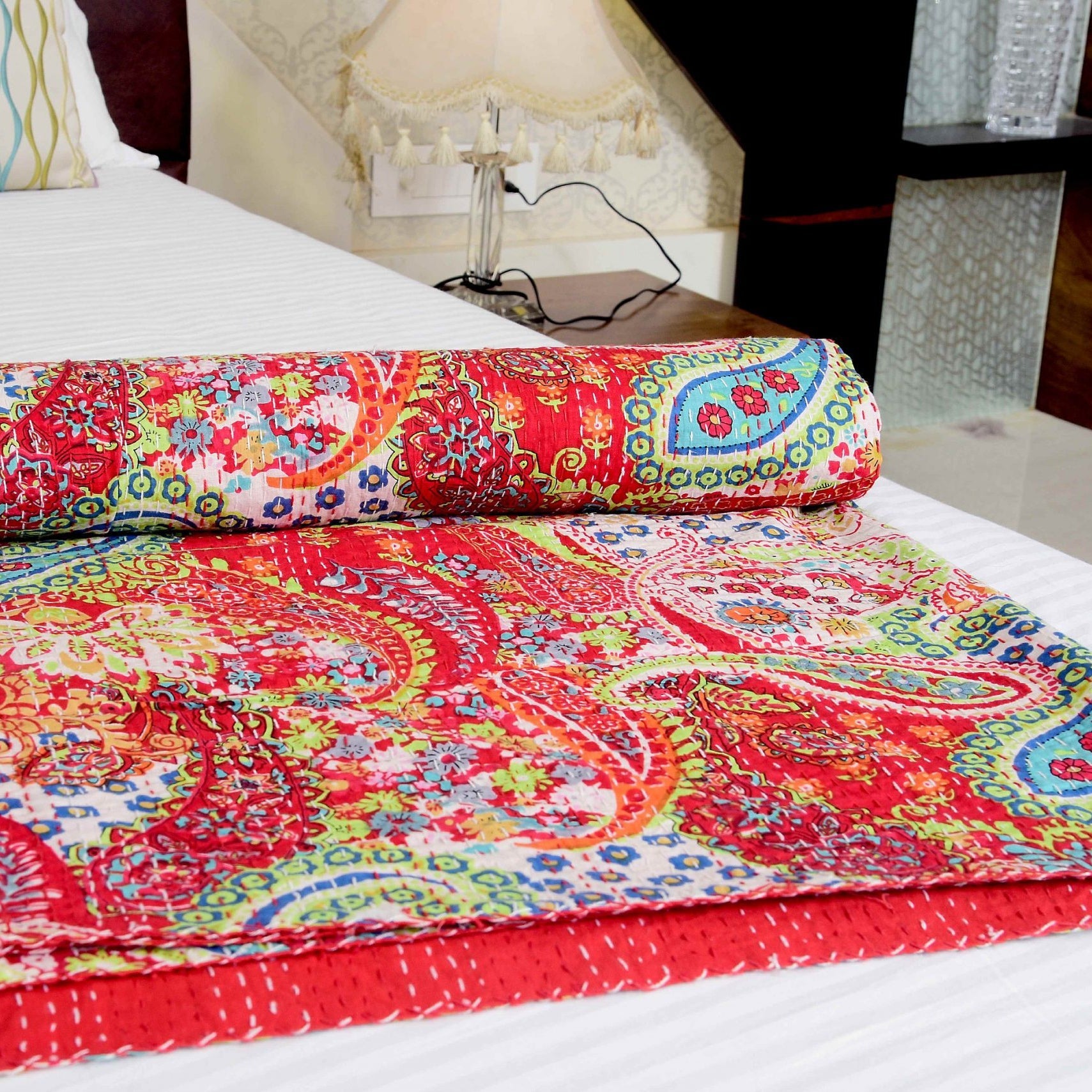 Red Flowers Boho Kantha Quilt - Handmade