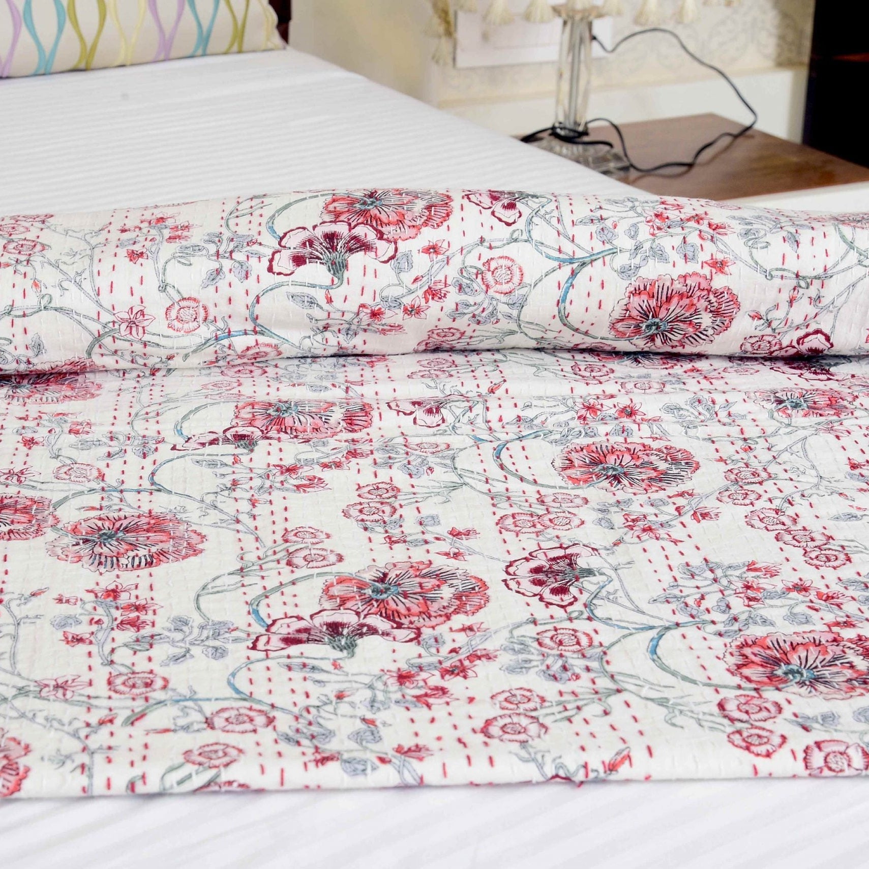 Boho Kantha Quilt - White Pearl, Handmade & Stylish