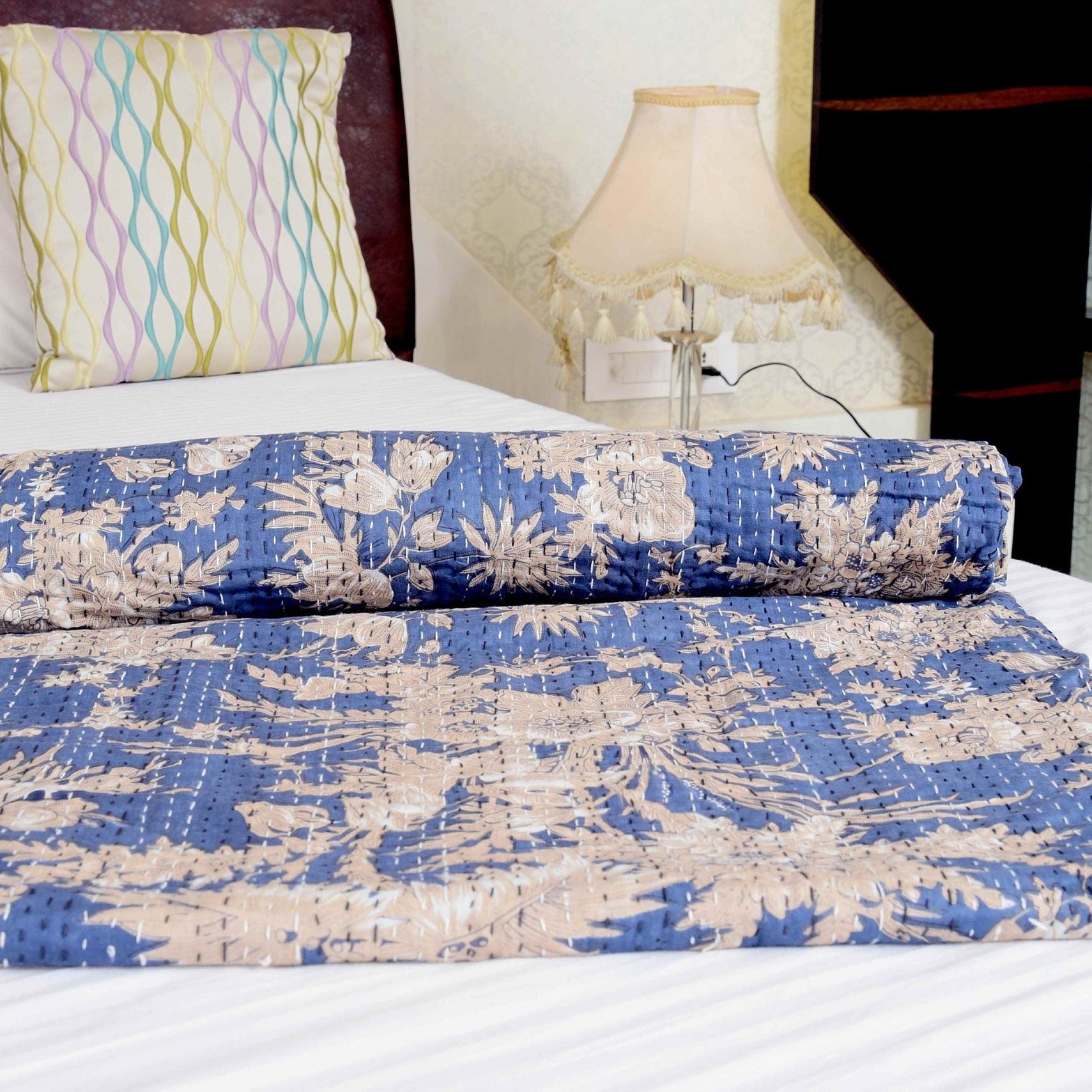 Blue Serenity Boho Kantha Quilt - Relaxing Hues