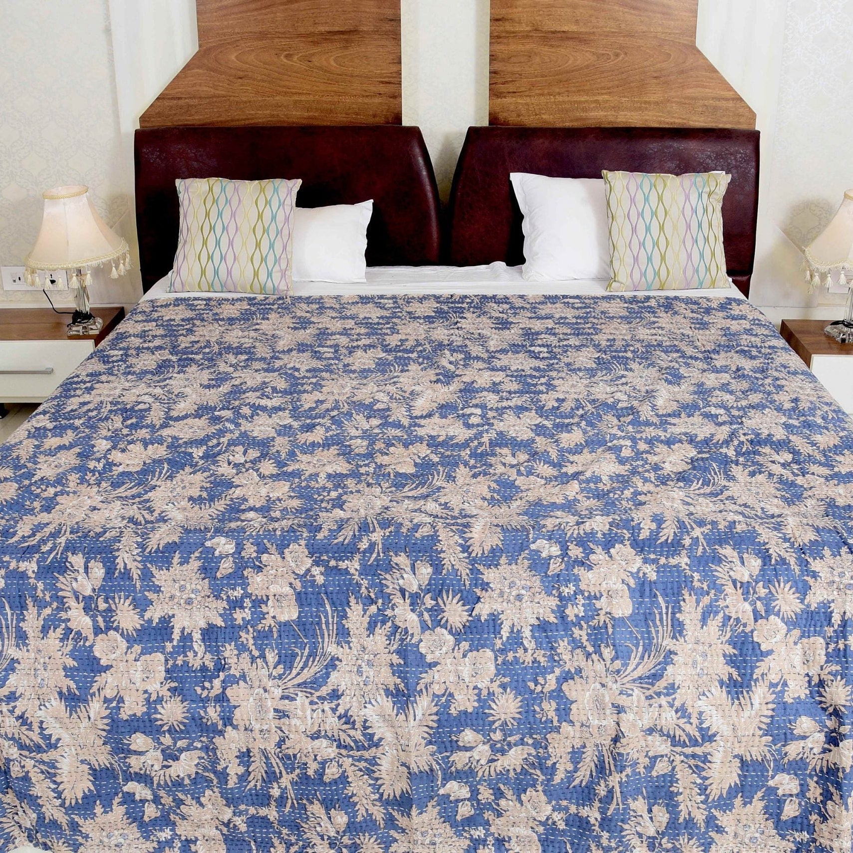 Blue Serenity Boho Kantha Quilt - Relaxing Hues