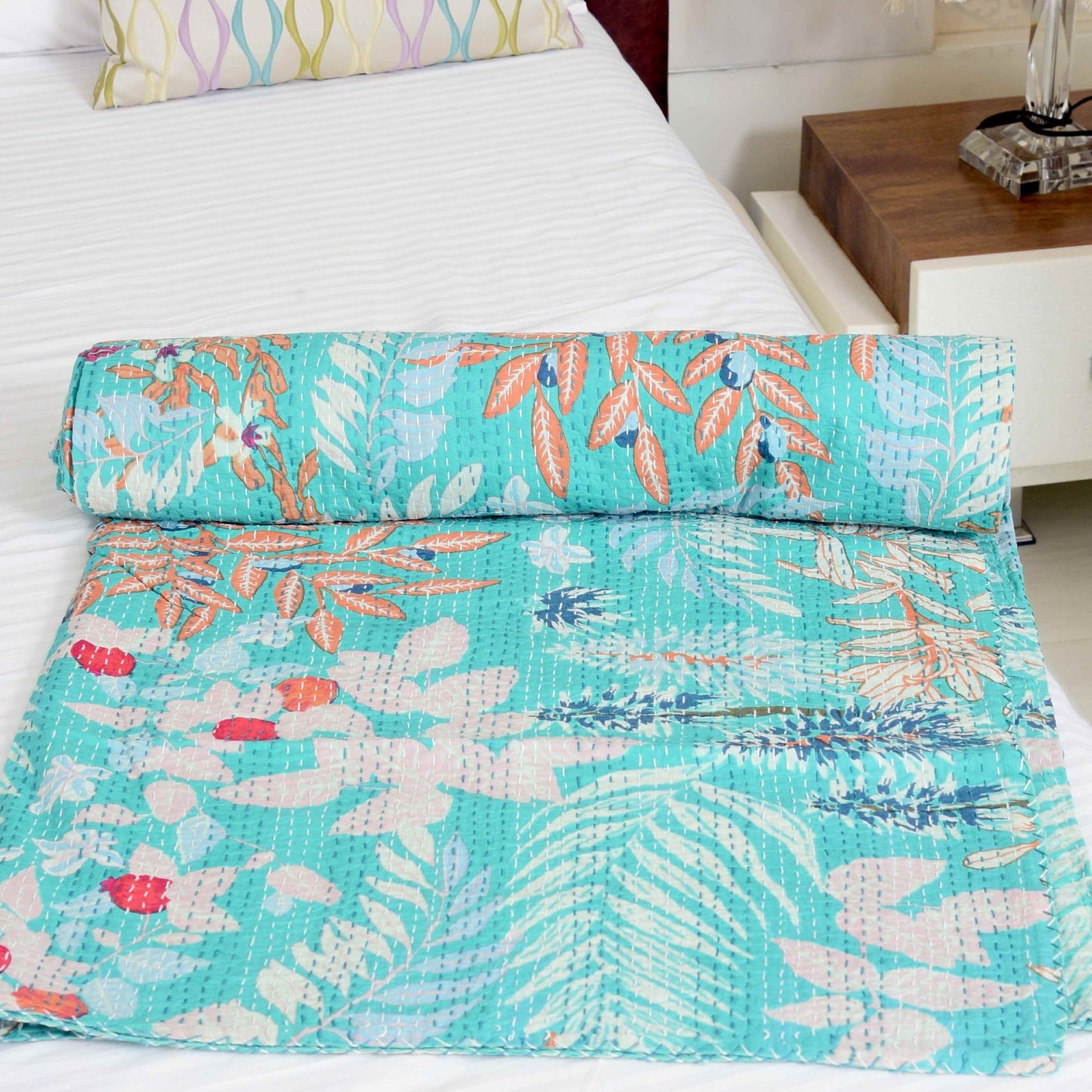 Boho Kantha Quilt - Mint Pastures, Handcrafted