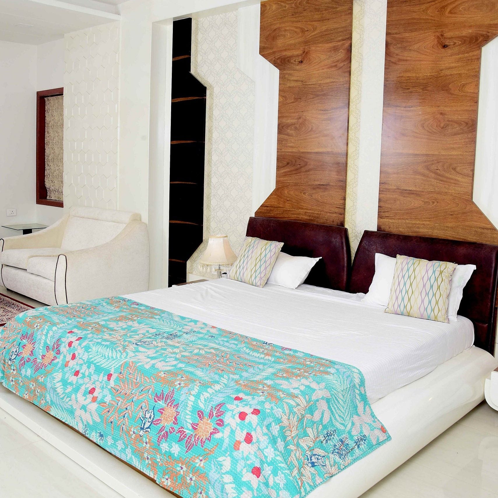Boho Kantha Quilt - Mint Pastures, Handcrafted