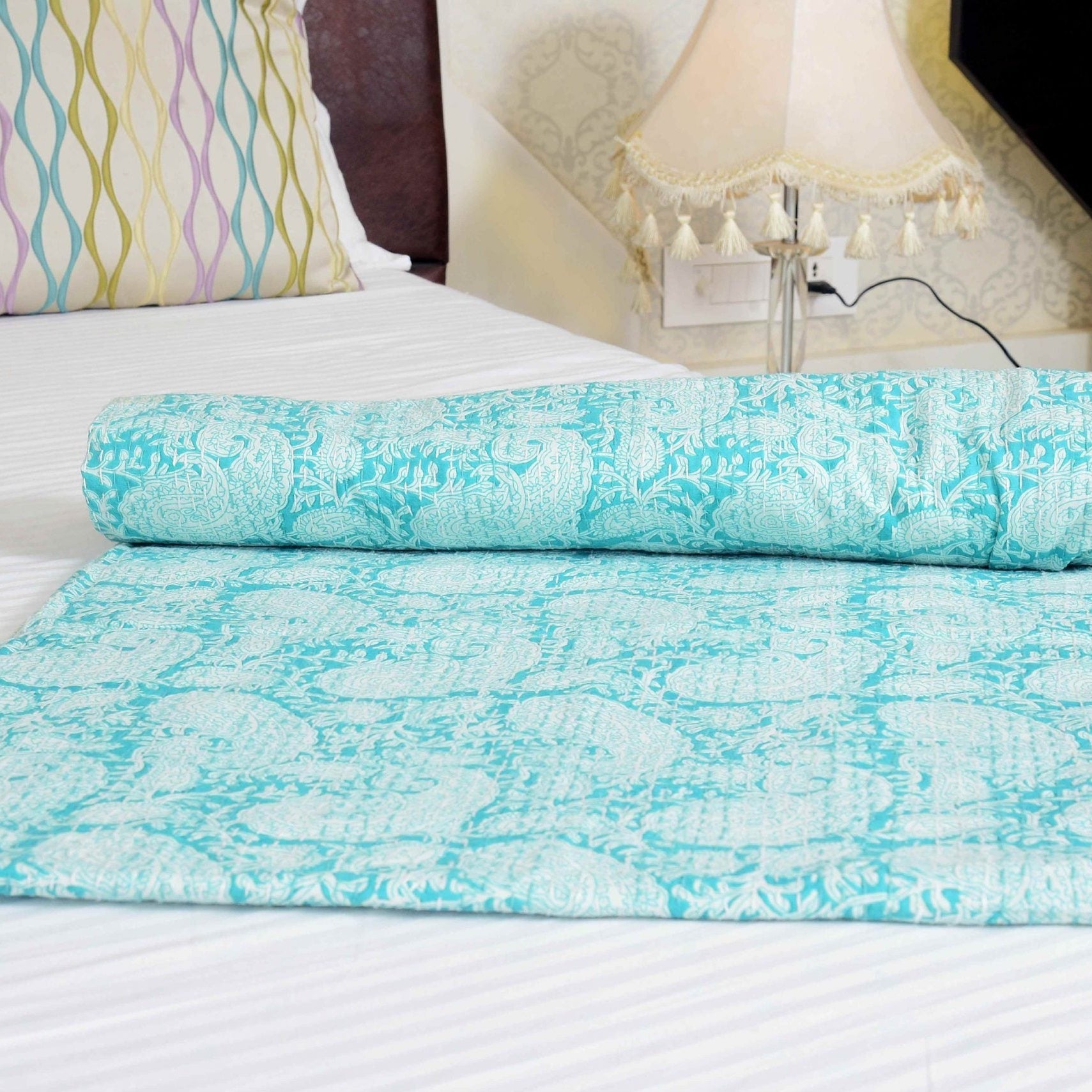 Sea Green Handmade Indian Kantha Quilt