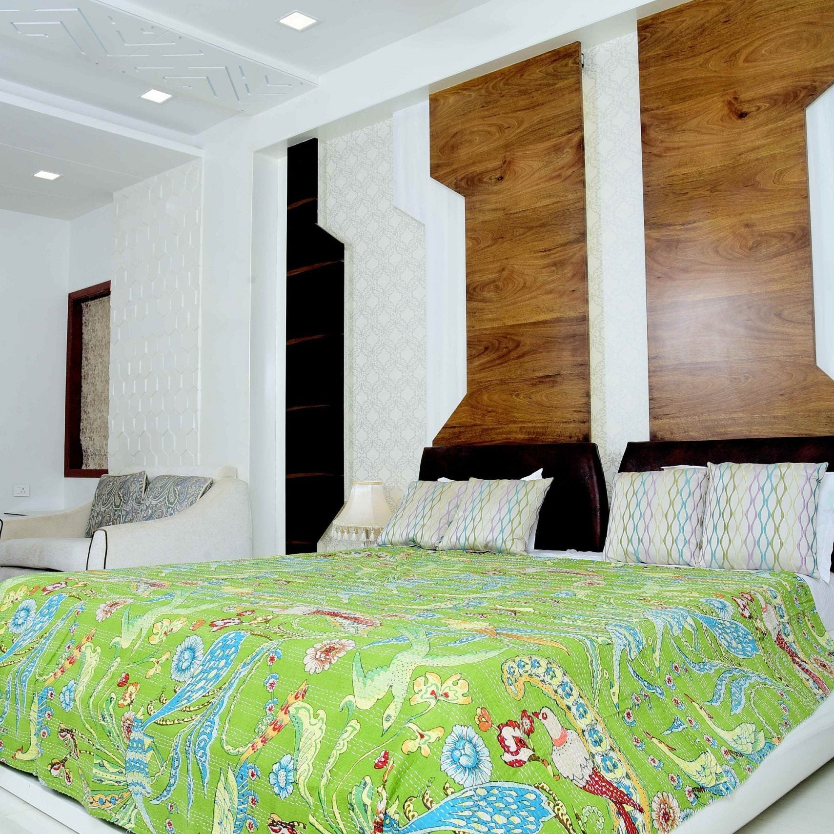 Boho Kantha Quilt - Green Hues, Artistic Style
