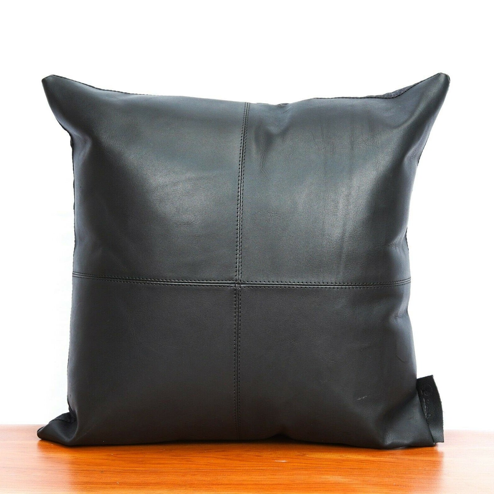 Tan Leather Cushion Cover - Black Twist Design