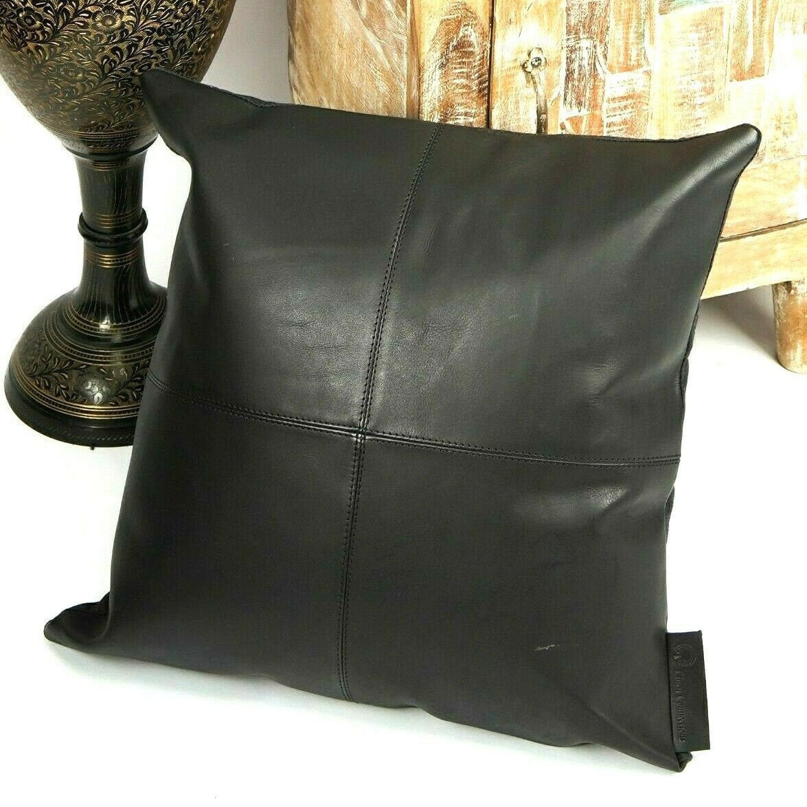 Tan Leather Cushion Cover - Black Twist Design