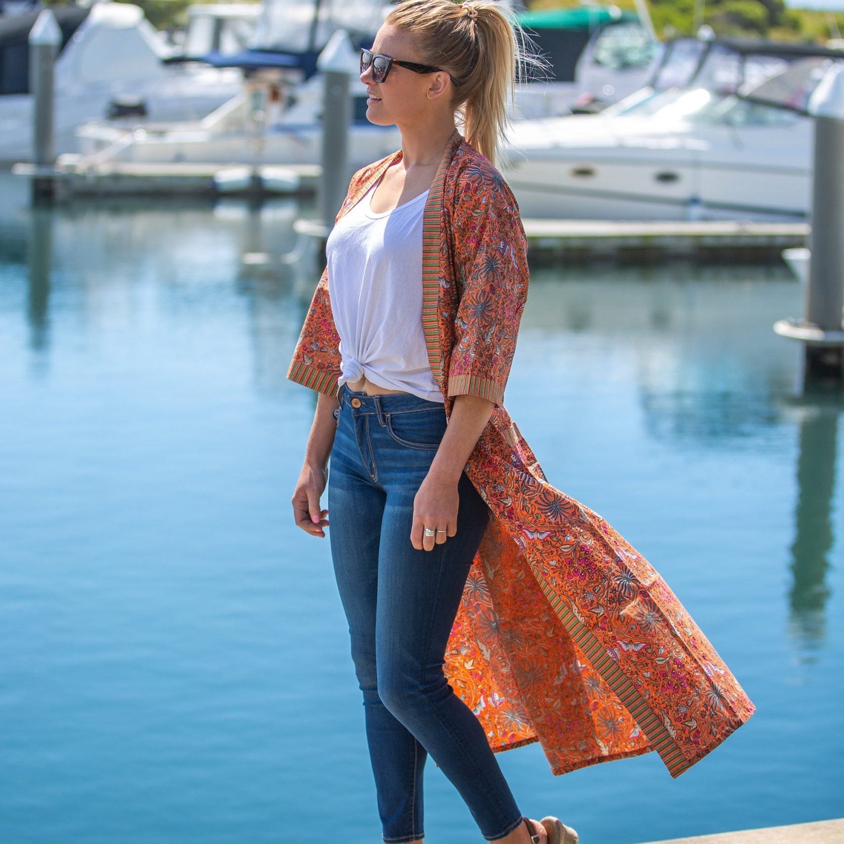 'Luminous Orange' Women’s Cotton Kimono Robe - Bright