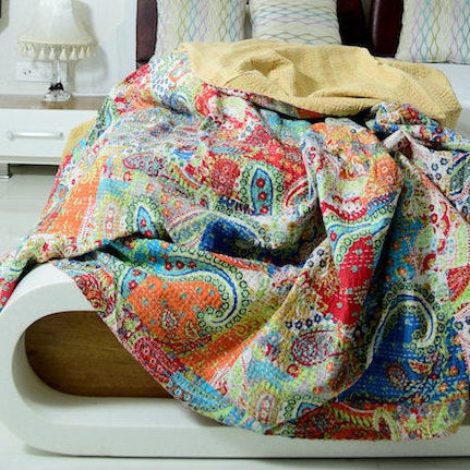 Vintage Kantha Quilt - Multicolour Print | Reversible Cotton Bedspread